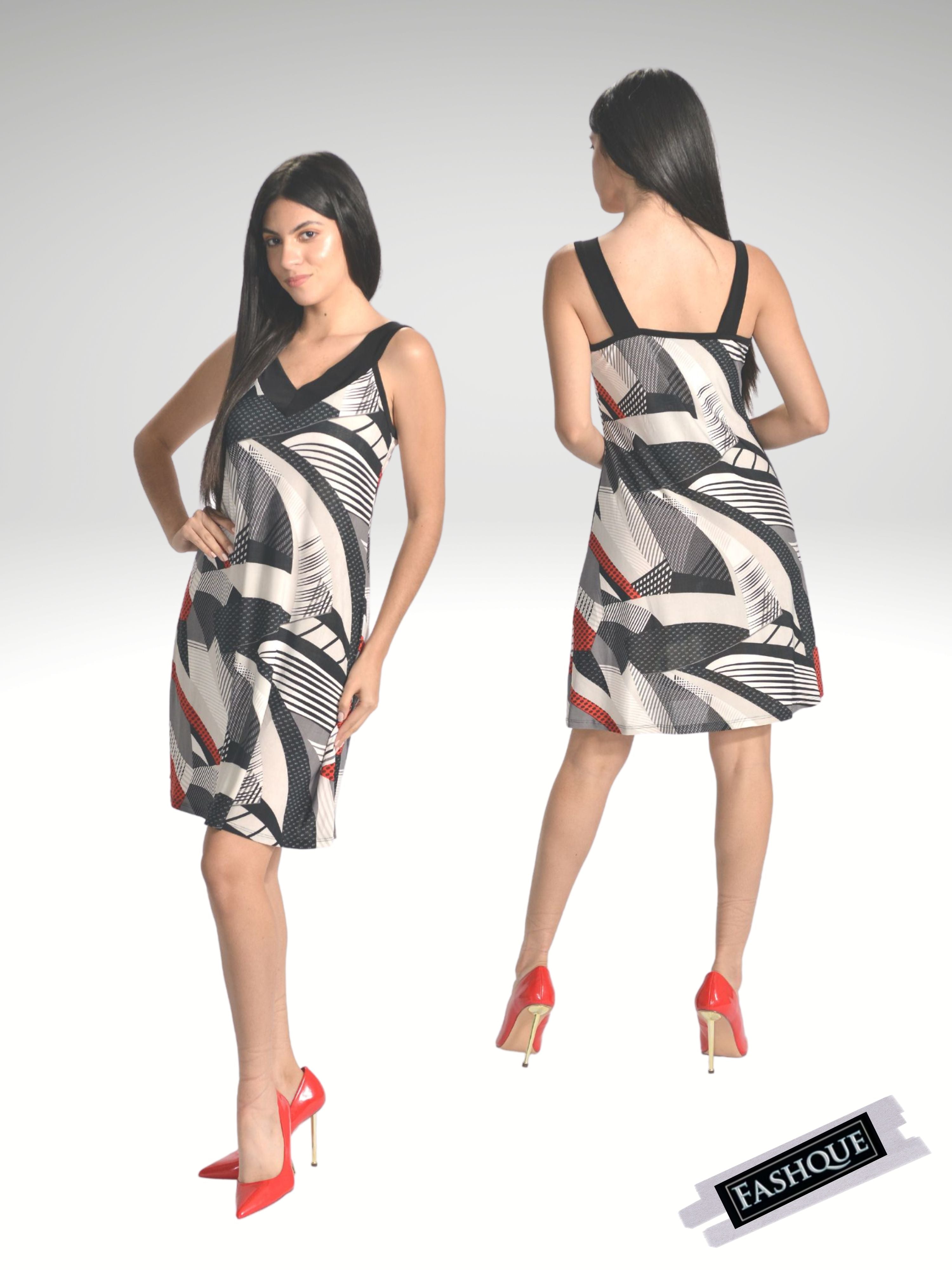 FASHQUE - Strappy V- Neck Knee length Sleeveless Dress  - D009