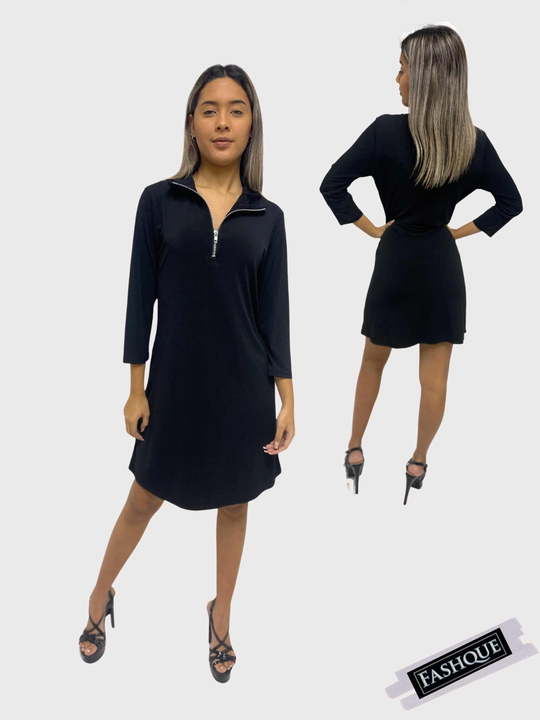 FASHQUE - Dress Zipper Front with Collar 3/4 Sleeve Dress - D063