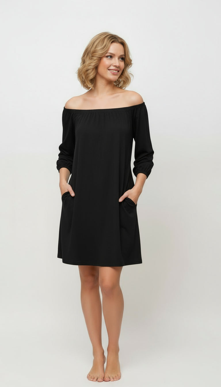 Off Shoulder Flowing Dress with Elastic band Sleeves and Side Pockets- D068