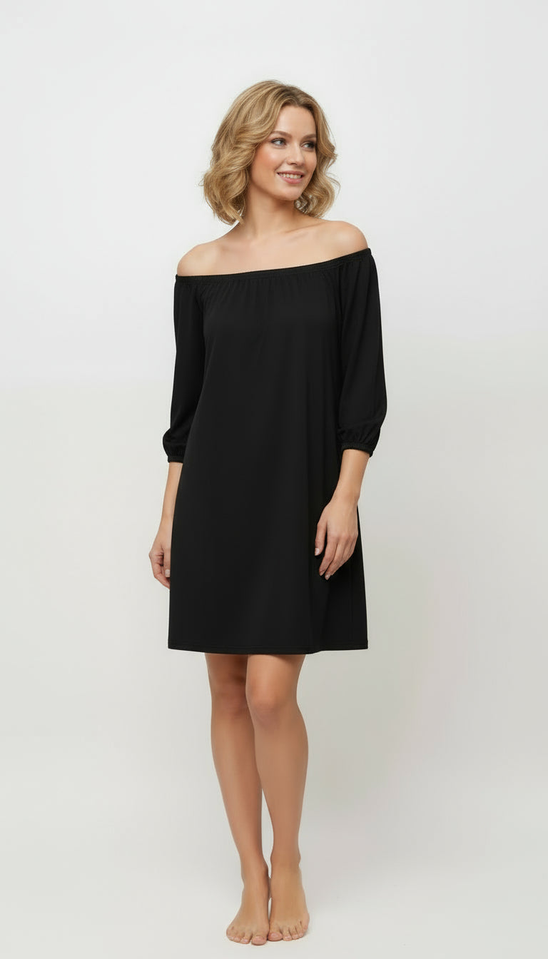 Off Shoulder Flowing Dress with Elastic band Sleeves and Side Pockets- D068