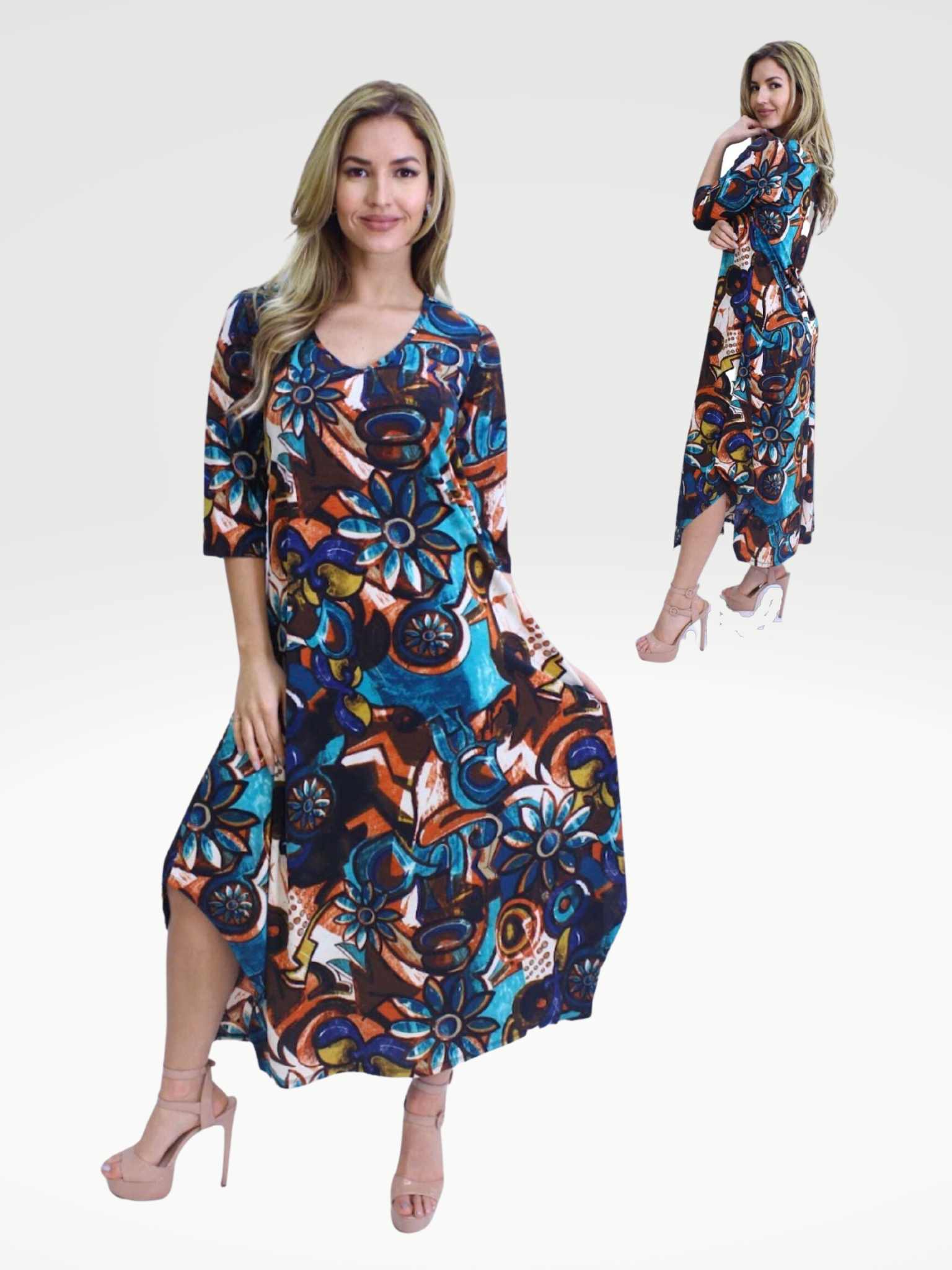 FASHQUE - A-line Maxi Dress 3/4th Sleeve - D075 SALE