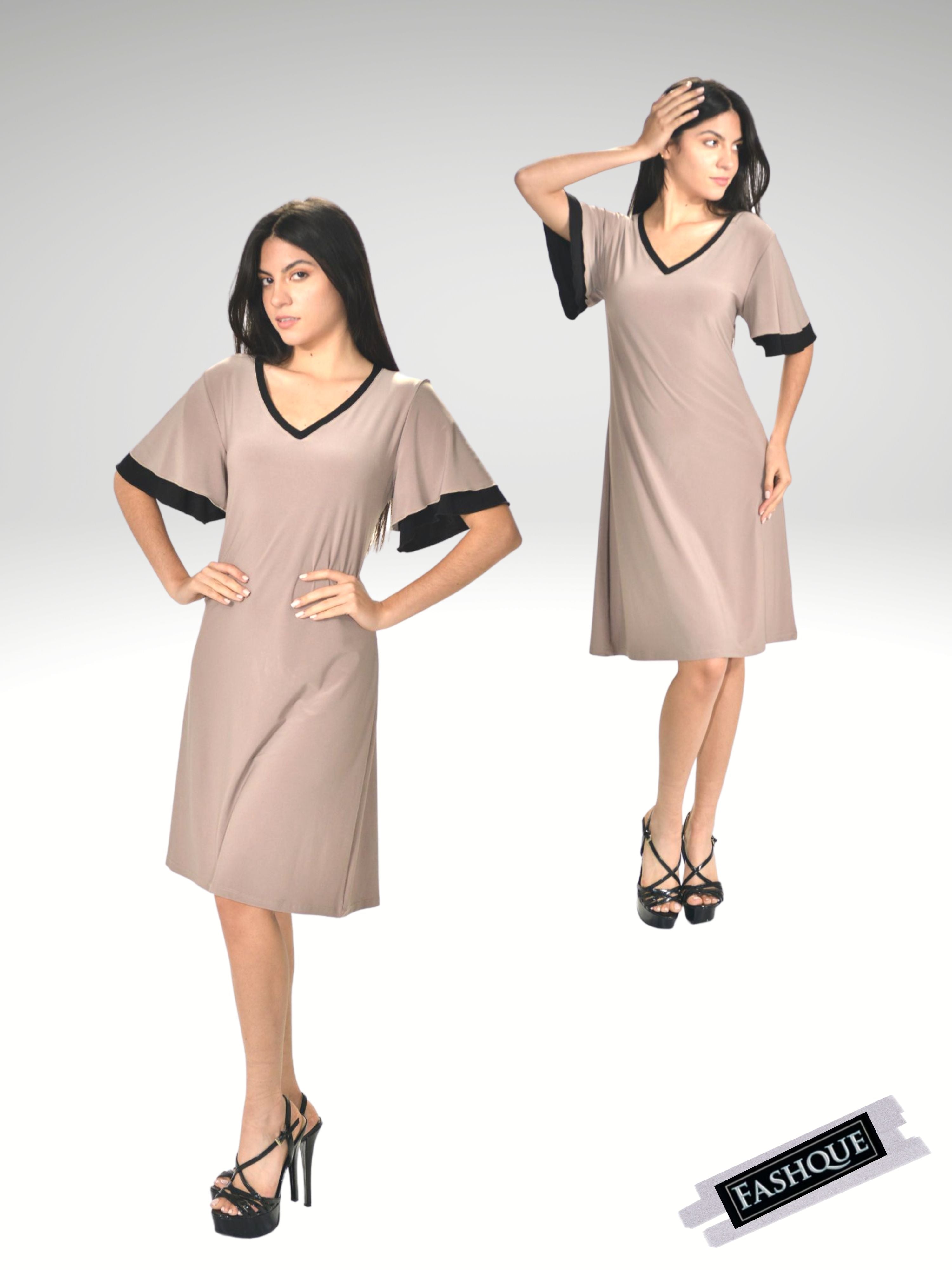 Double layered Bell Sleeves Knee length Midi Dress - D078 SALE