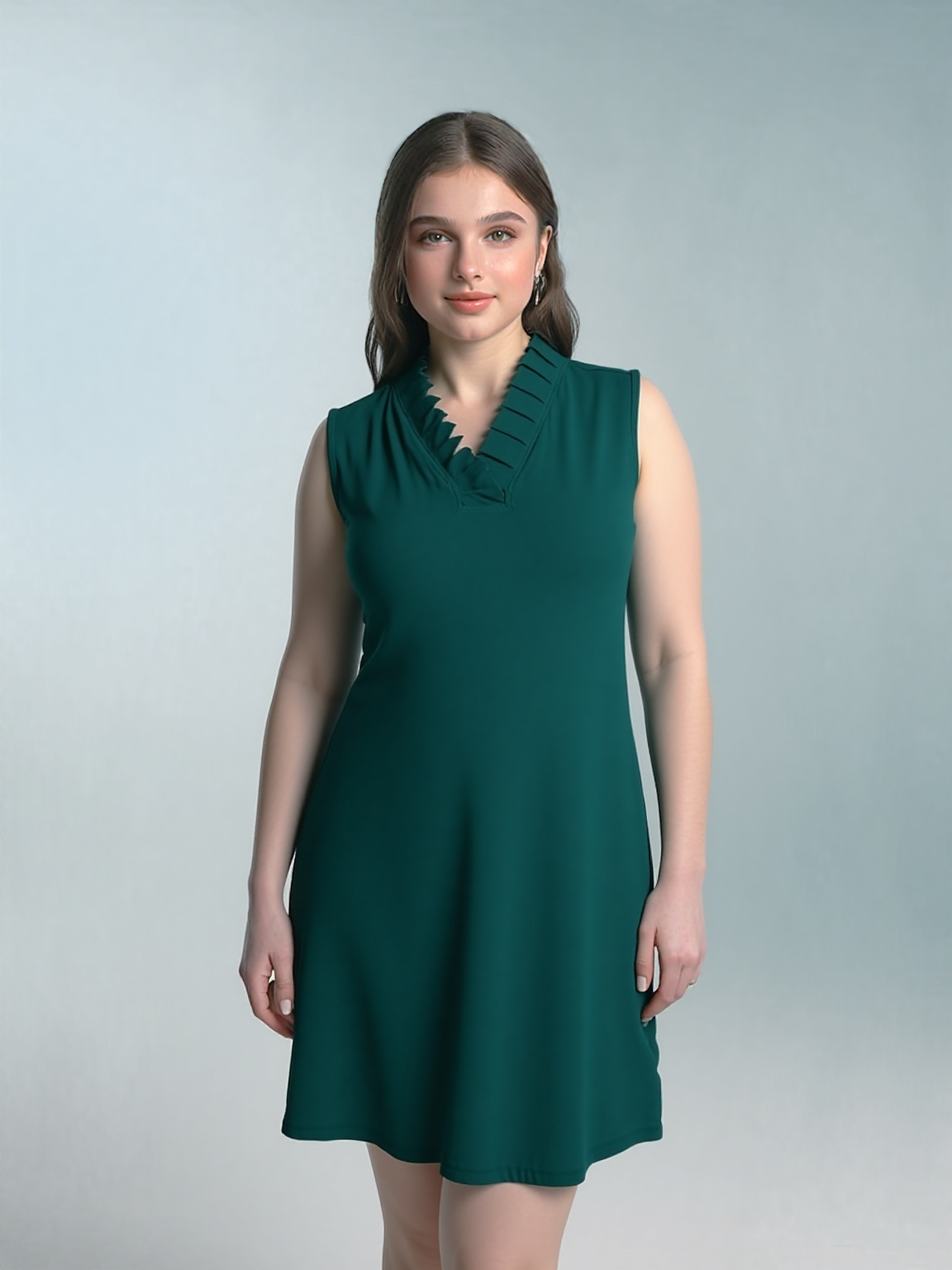 V NECK RUFFLED COLLER SLEEVE LESS DRESS - D096