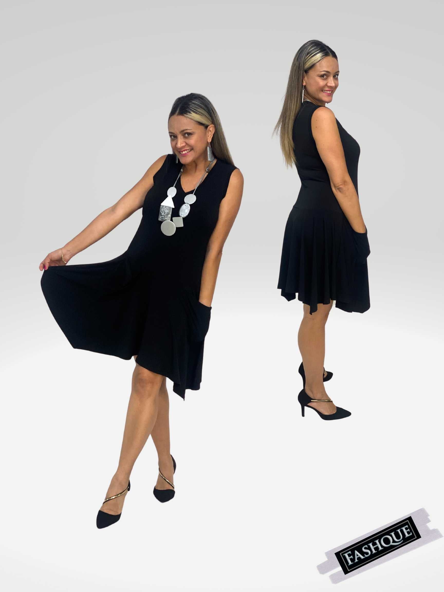 FASHQUE - Sleeveless V Neck Midi Dress with Pockets - D104