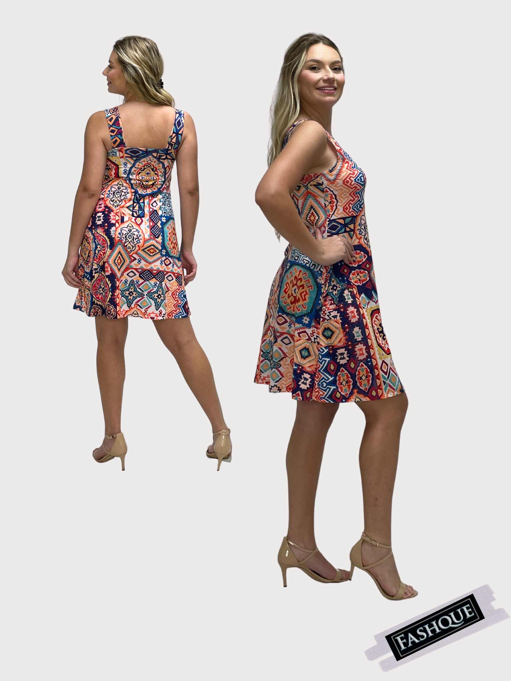 FASHQUE - SUNDRESS - Skater Style tank dress with square back -DIGITAL D2001