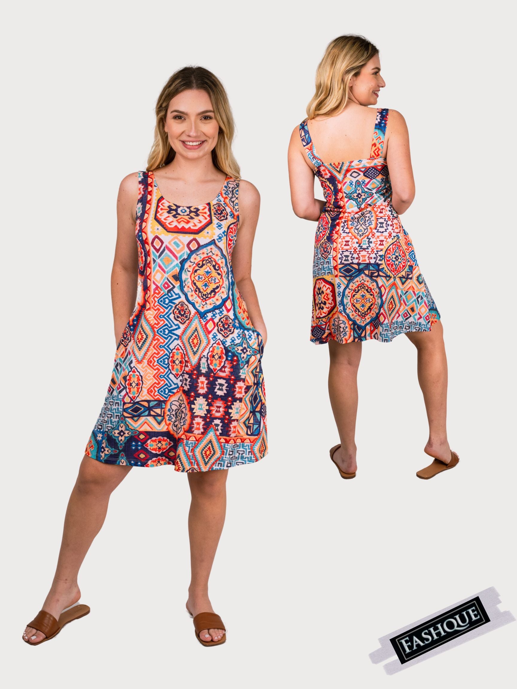 FASHQUE - SUNDRESS - Skater Style tank dress with square back with Pockets - D2061
