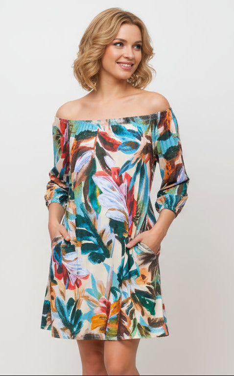 Off Shoulder Flowing Dress with Elastic band Sleeves and Side Pockets- D2068