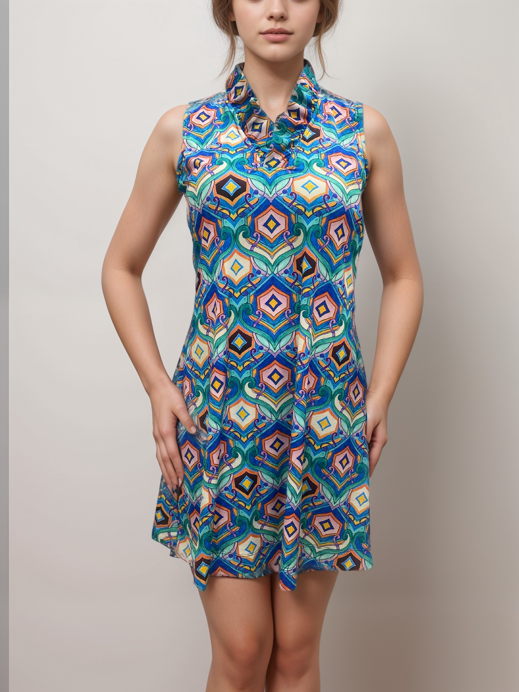 V NECK RUFFLED COLLER SLEEVE LESS DRESS - D2096