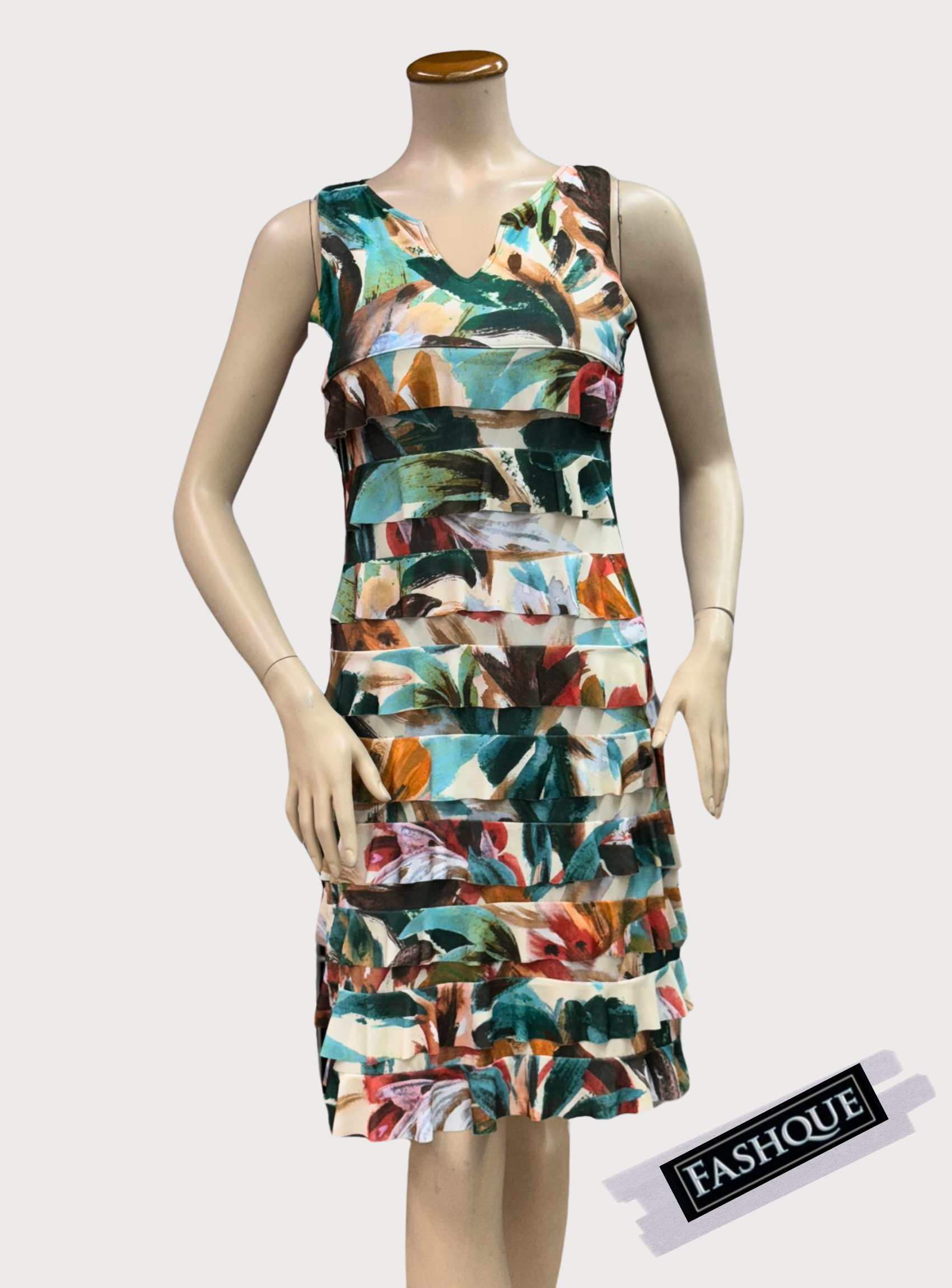 FASHQUE - CHACHA Ruffle V Neck Sleeveless Knee length DIGITAL PRINT Dress - D2107