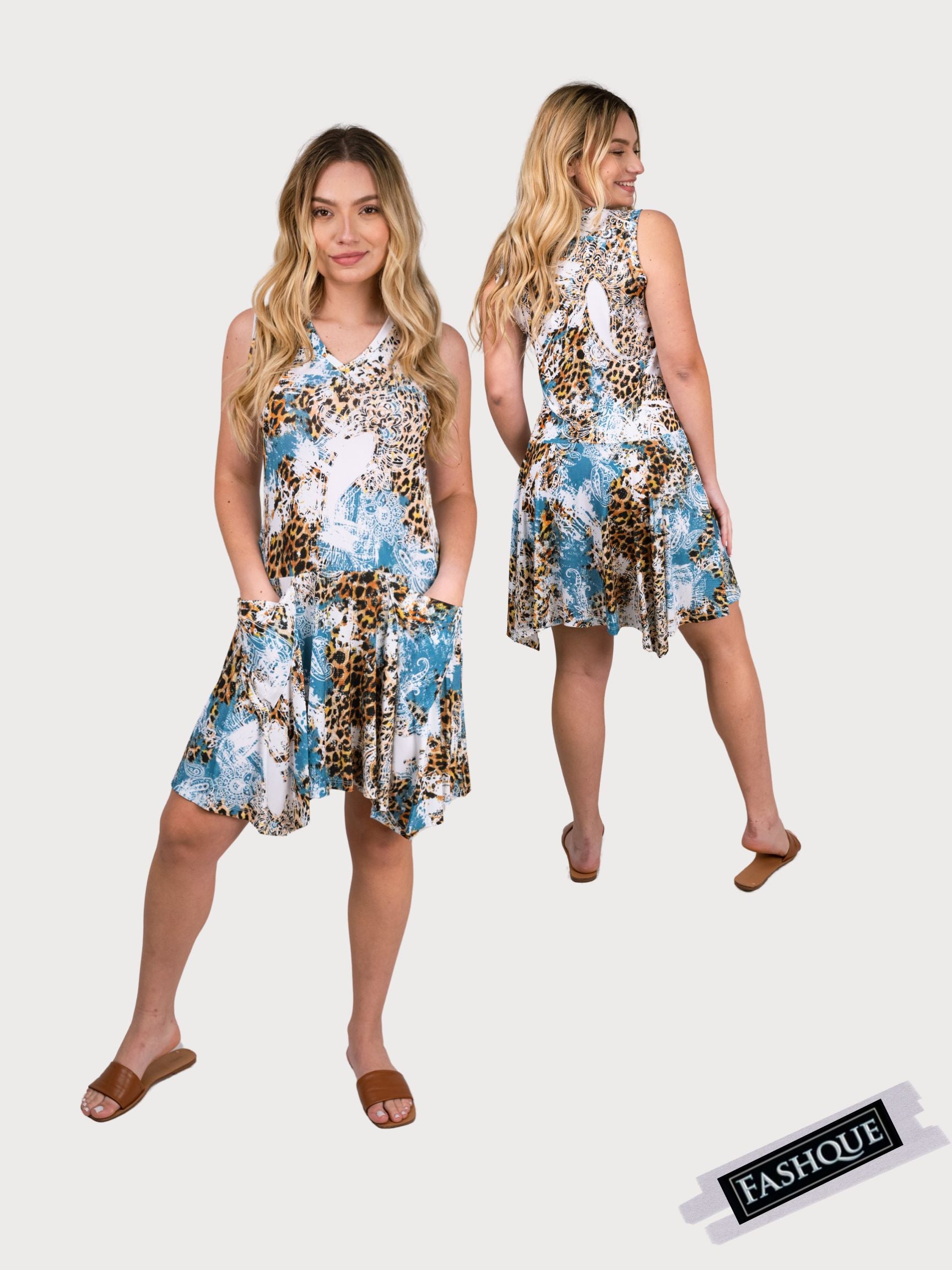 FASHQUE - Sleeveless V Neck Midi Dress with Pockets - D2104