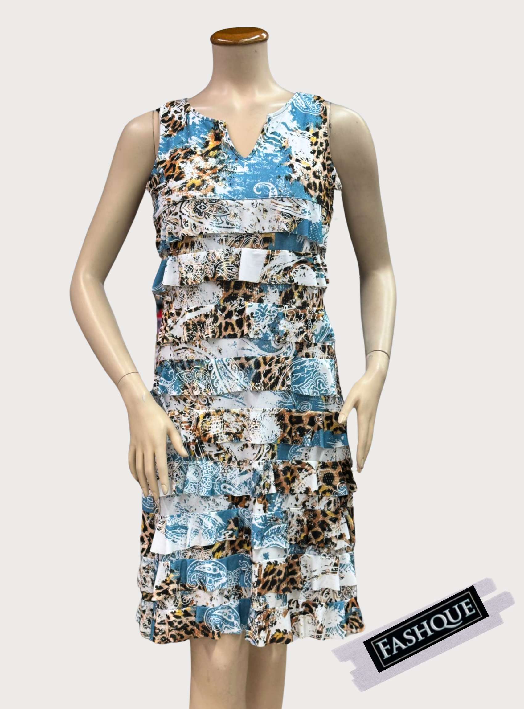 FASHQUE - CHACHA Ruffle V Neck Sleeveless Knee length DIGITAL PRINT Dress - D2107