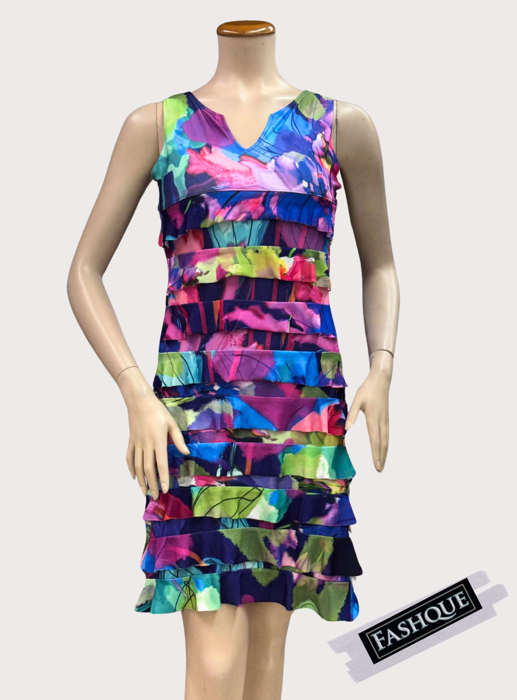 FASHQUE - CHACHA Ruffle V Neck Sleeveless Knee length DIGITAL PRINT Dress - D2107