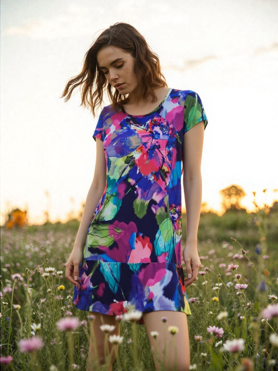 KANGAROO POCKET PRINCESS SEAM CAP SLEEVE DRESS - D2108