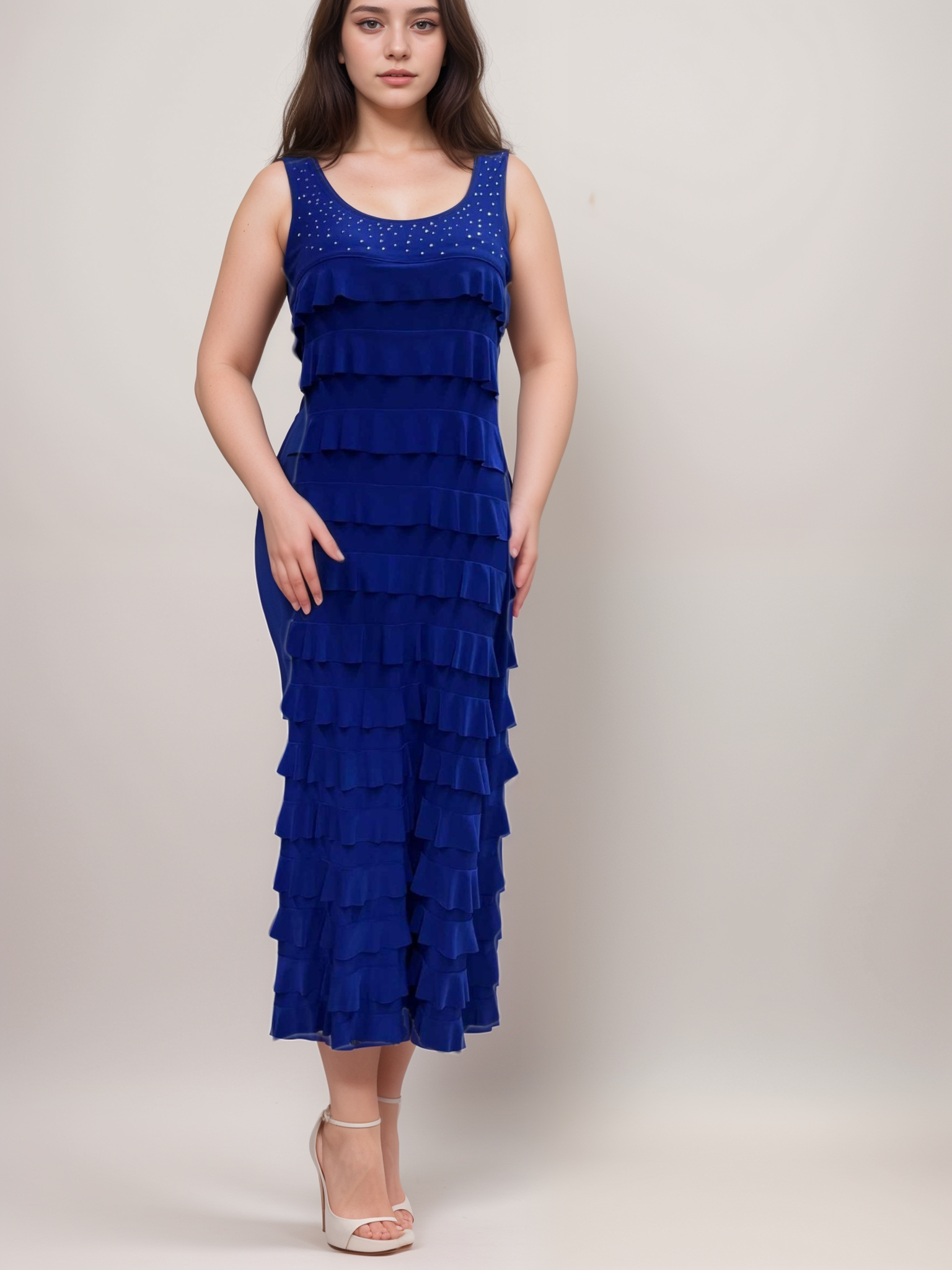 Ruffle Maxi Dress Sleeveless with Rhinestone on Neckline - D211R