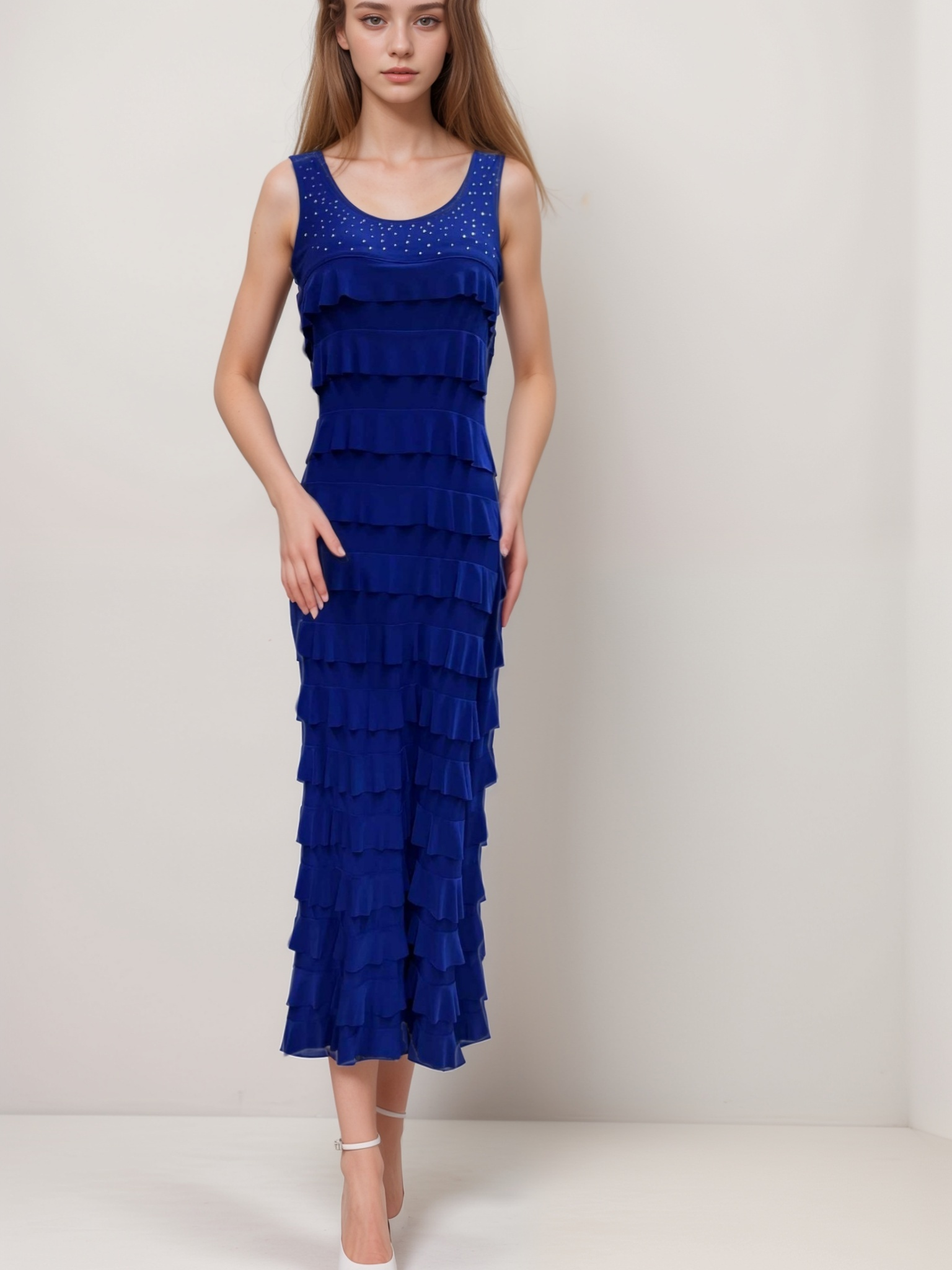 Ruffle Maxi Dress Sleeveless with Rhinestone on Neckline - D211R