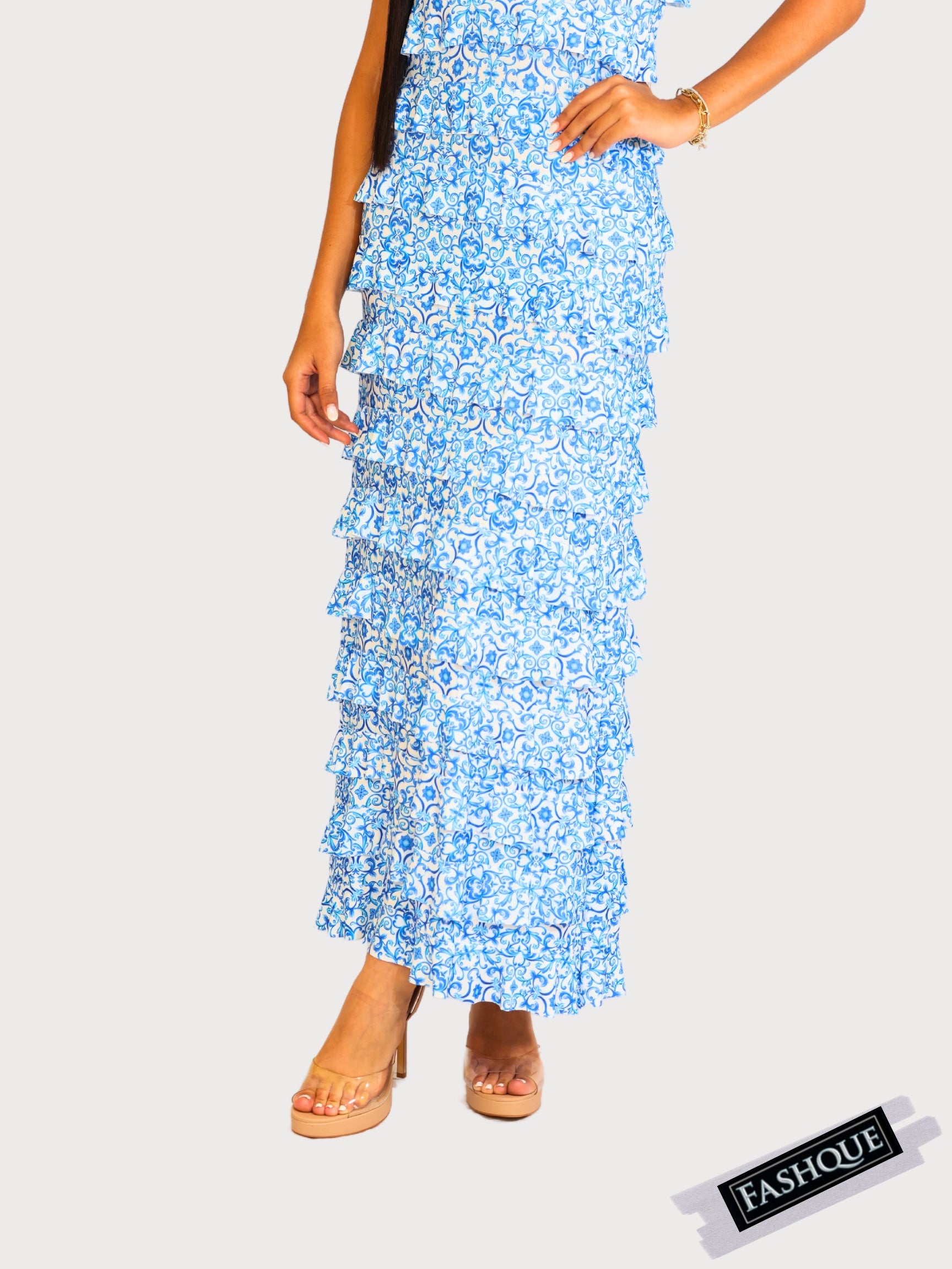 FASHQUE - Ruffle Maxi Dress Sleeveless NEW PRINTED - D2211