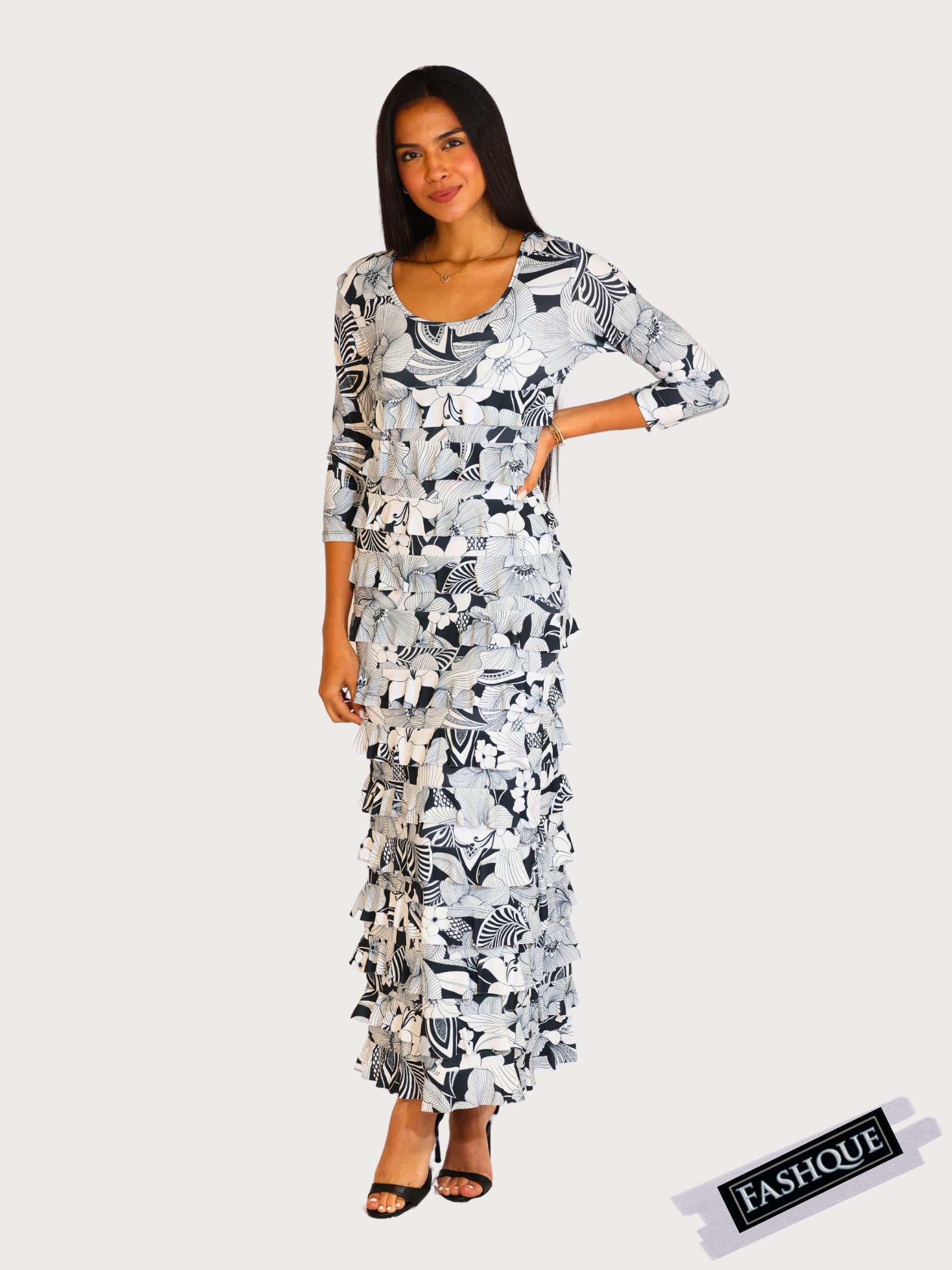 FASHQUE - Ruffle Maxi Dress with 3/4 Sleeves - D2213-8050