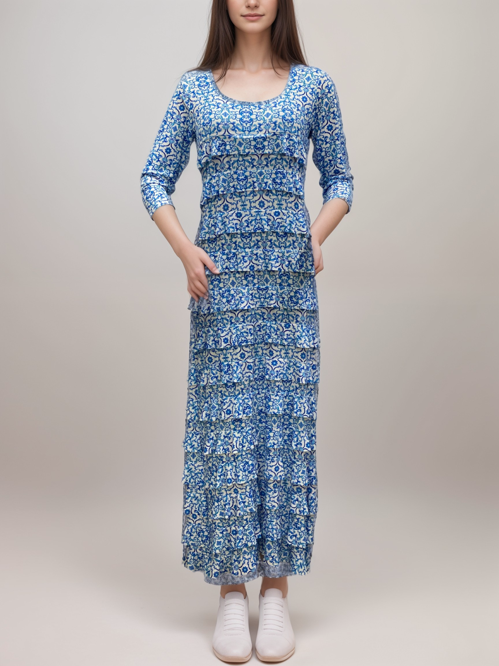 Ruffle Maxi Dress with 3/4 Sleeves - D2213