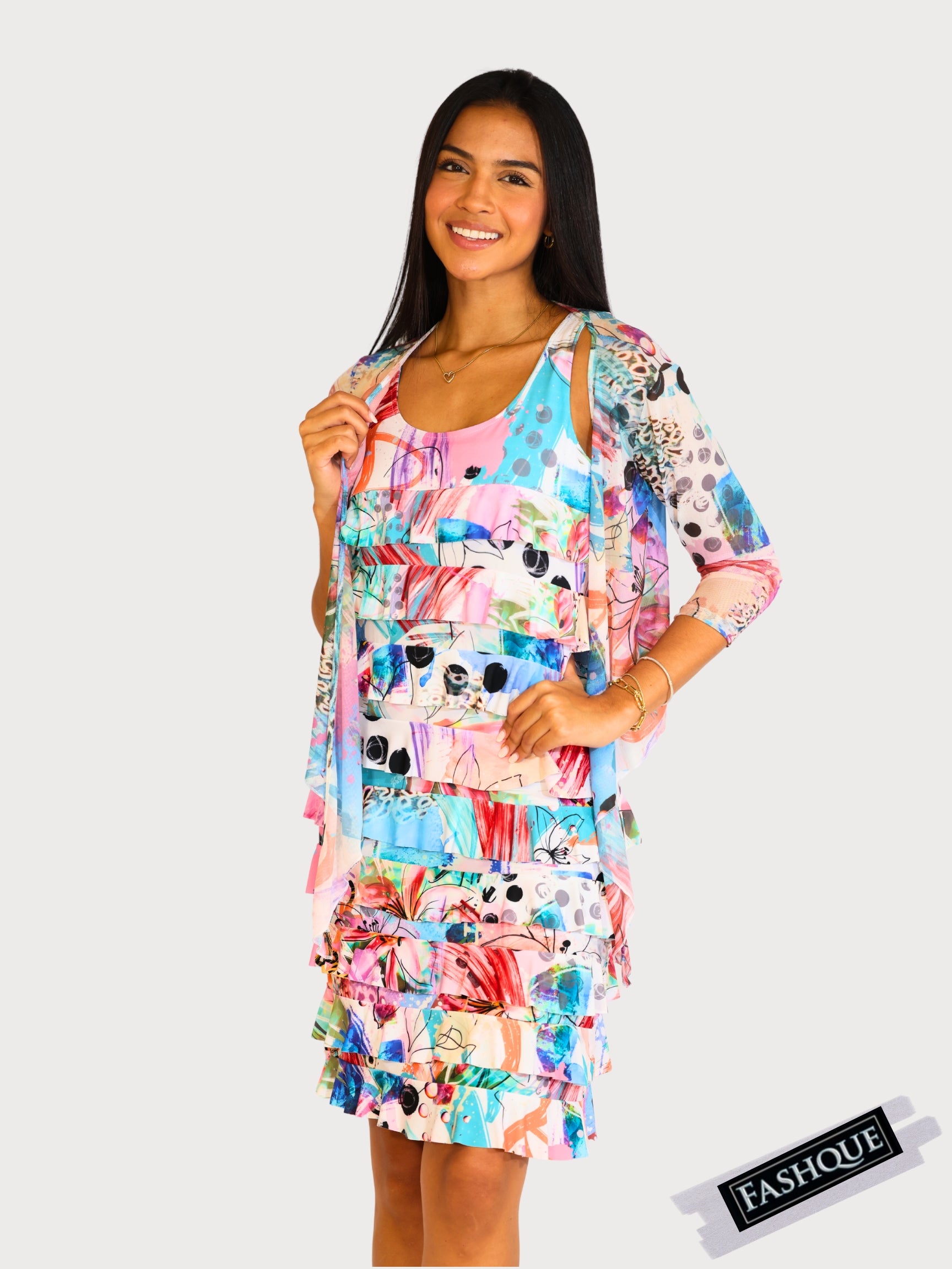 FASHQUE - CHACHA Ruffle Knee length DIGITAL PRINT Dress - D2760