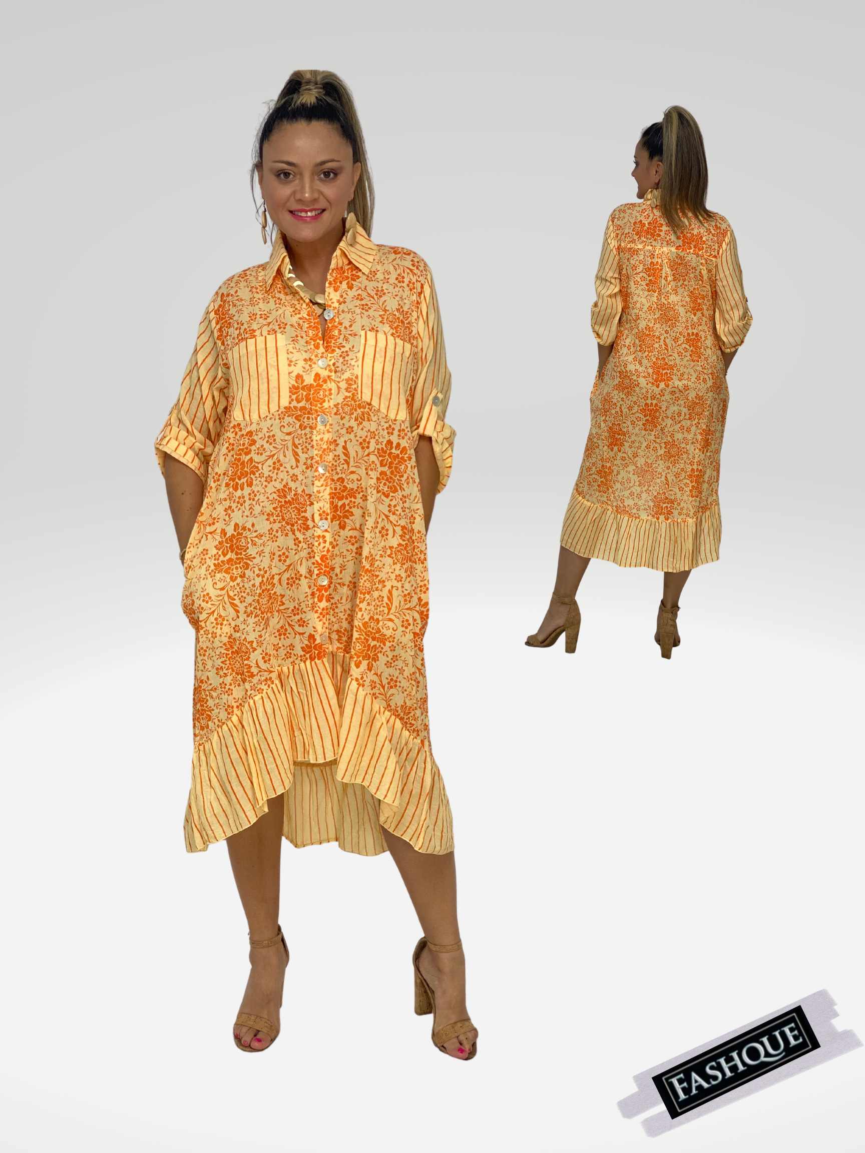 FASHQUE - 3/4 Sleeves Long Shirt Dress with collar & Pockets - D6264