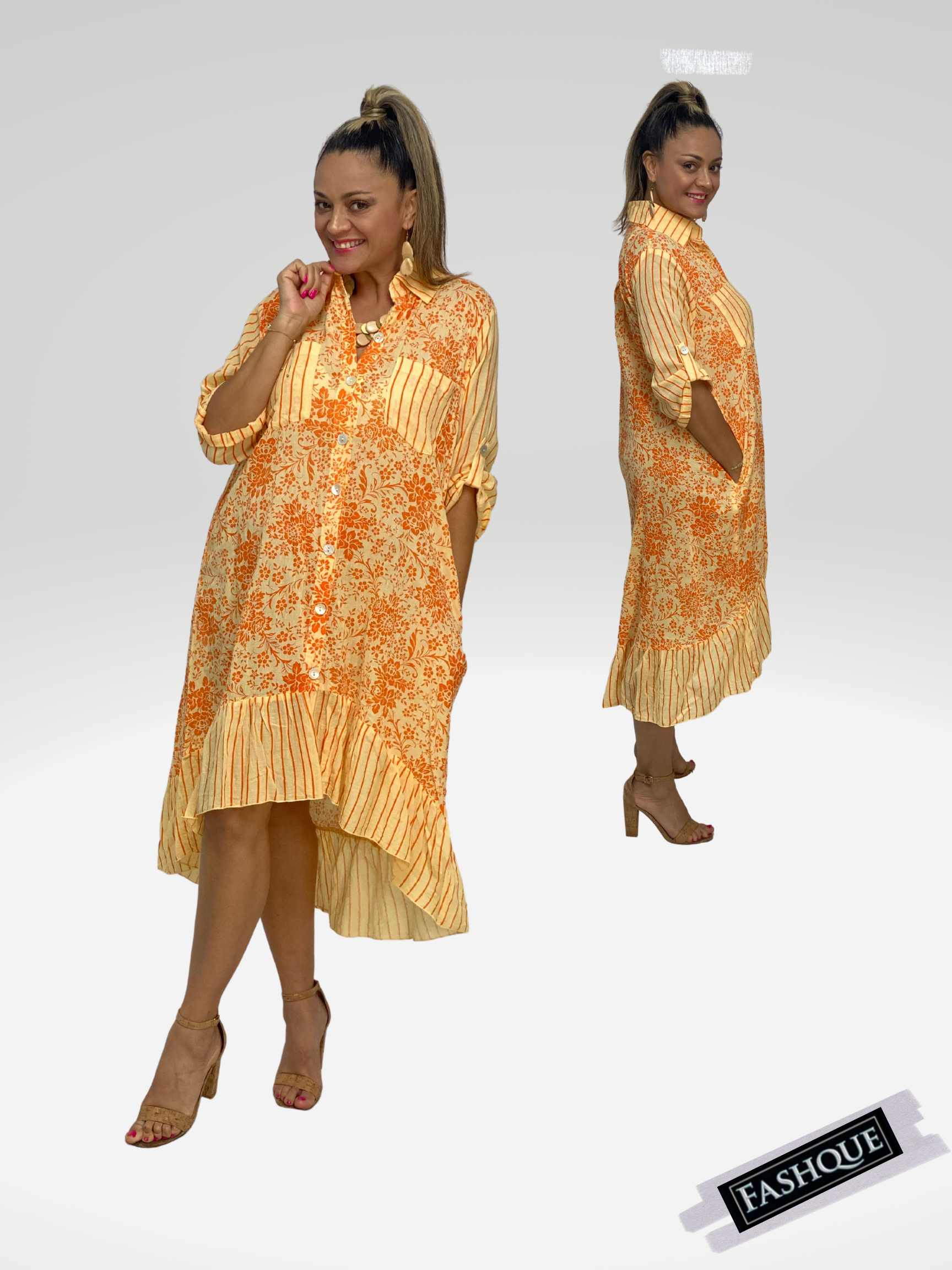 FASHQUE - 3/4 Sleeves Long Shirt Dress with collar & Pockets - D6264