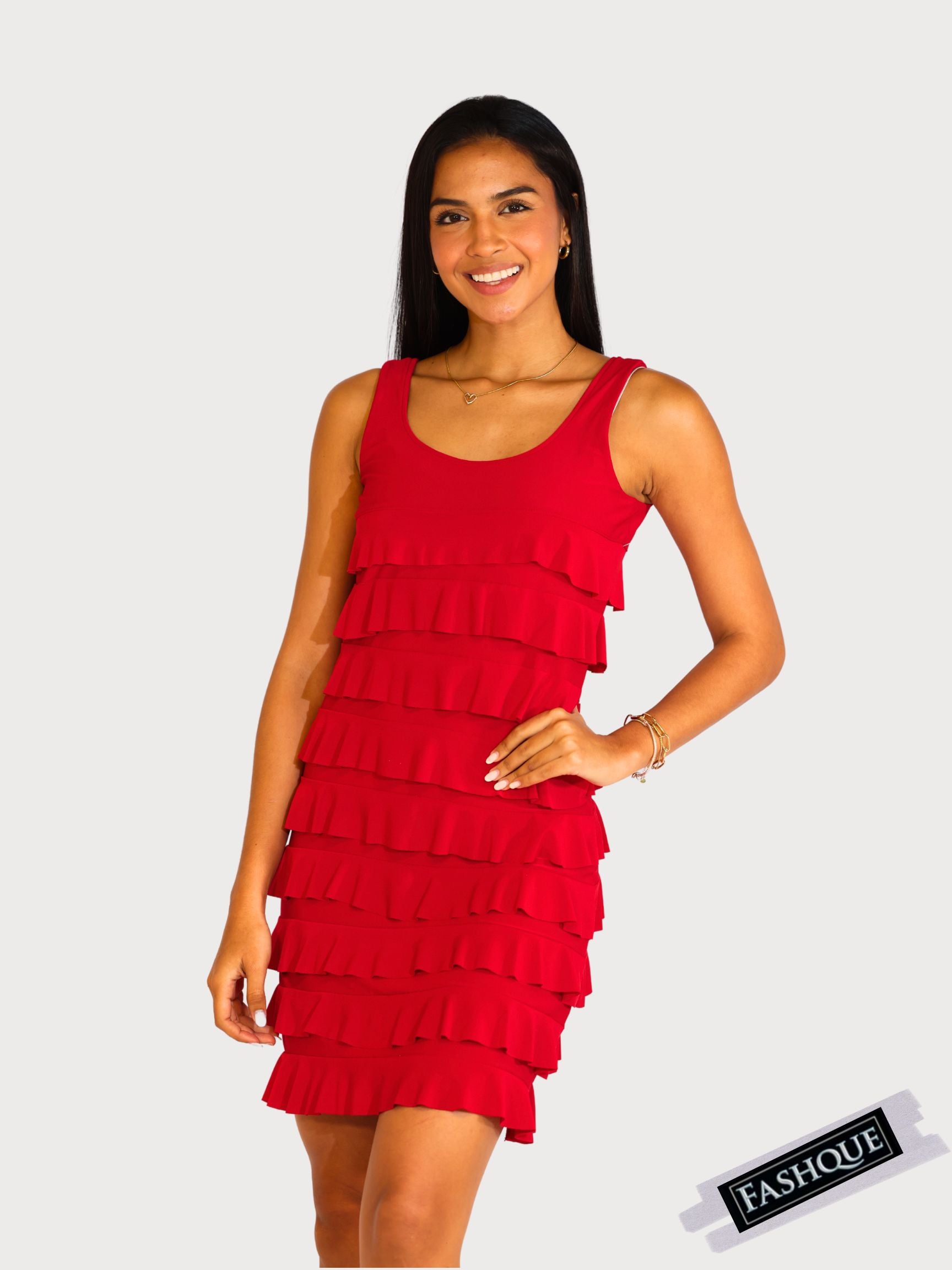 FASHQUE - CHACHA Ruffle Sleeveless Knee length Dress- SOLID COLOR - D760