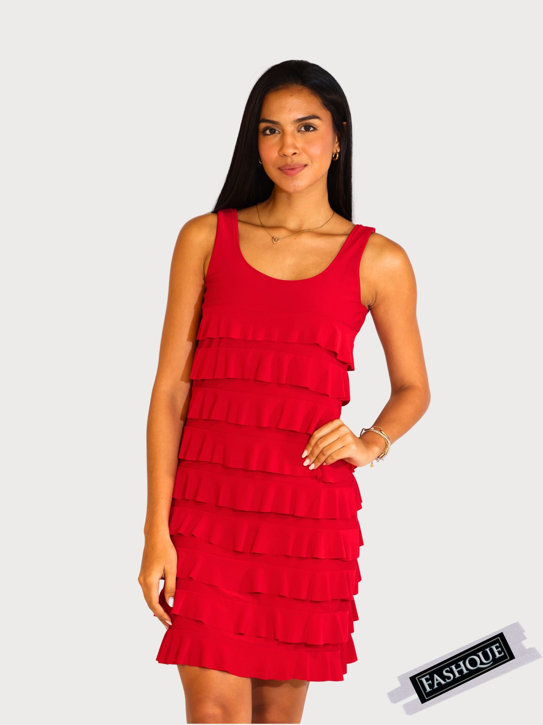 FASHQUE - CHACHA Ruffle Sleeveless Knee length Dress- SOLID COLOR - D760