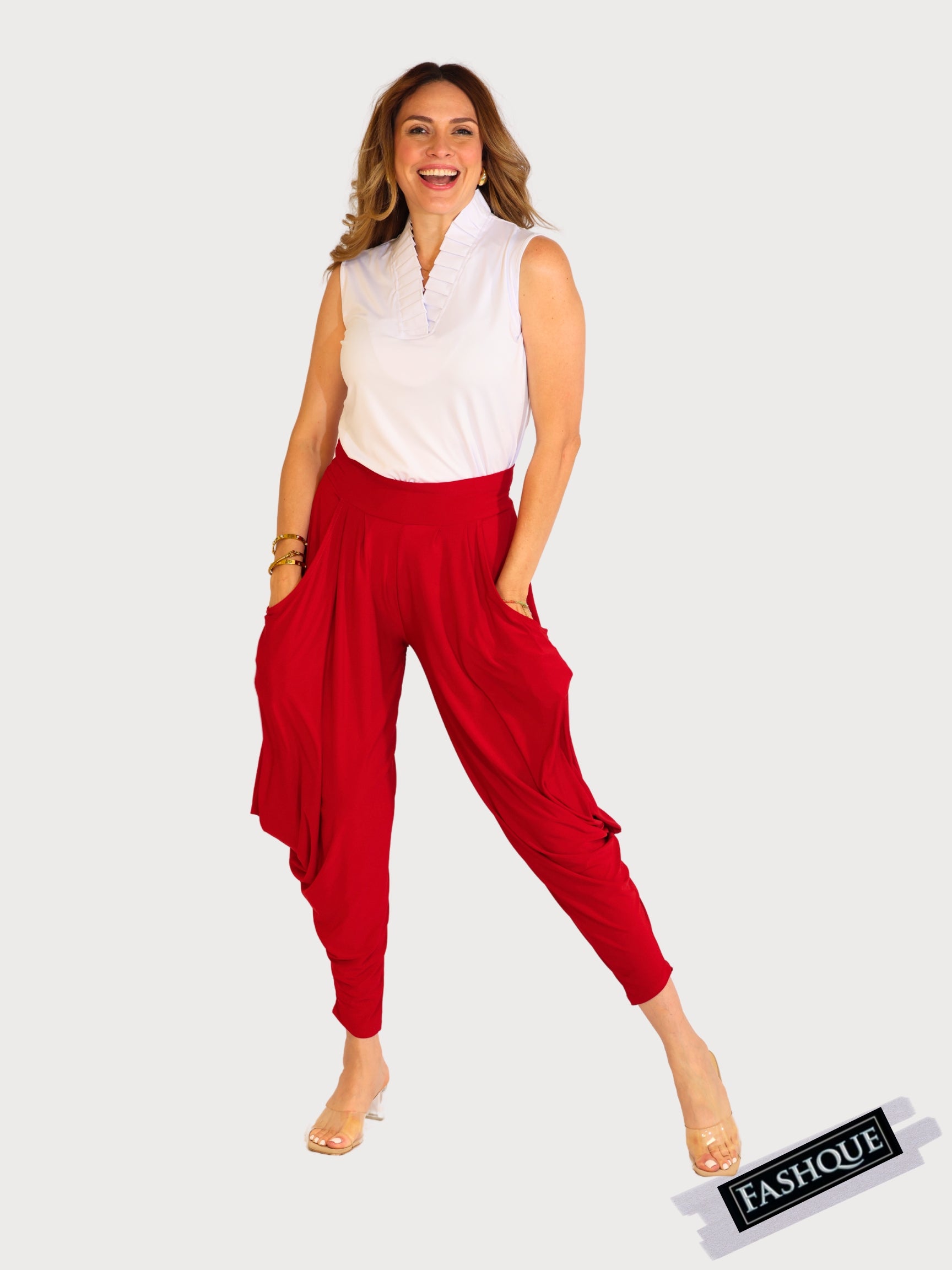 FASHQUE - Pull On pants with wide waist band and Kangaroo Pockets - P033