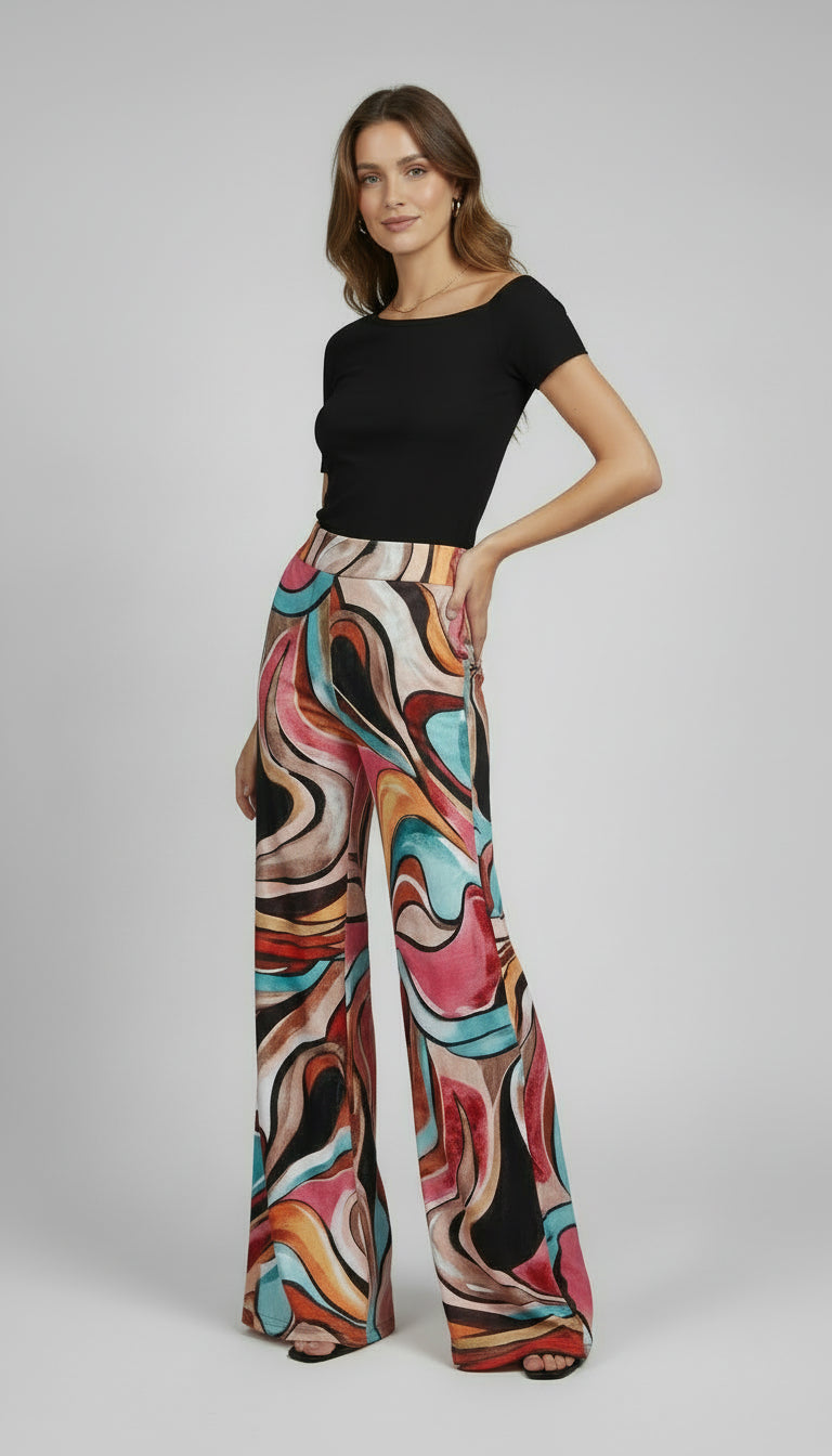 Mid Rise Straight Leg Pull-on Printed Palazzo - P2016
