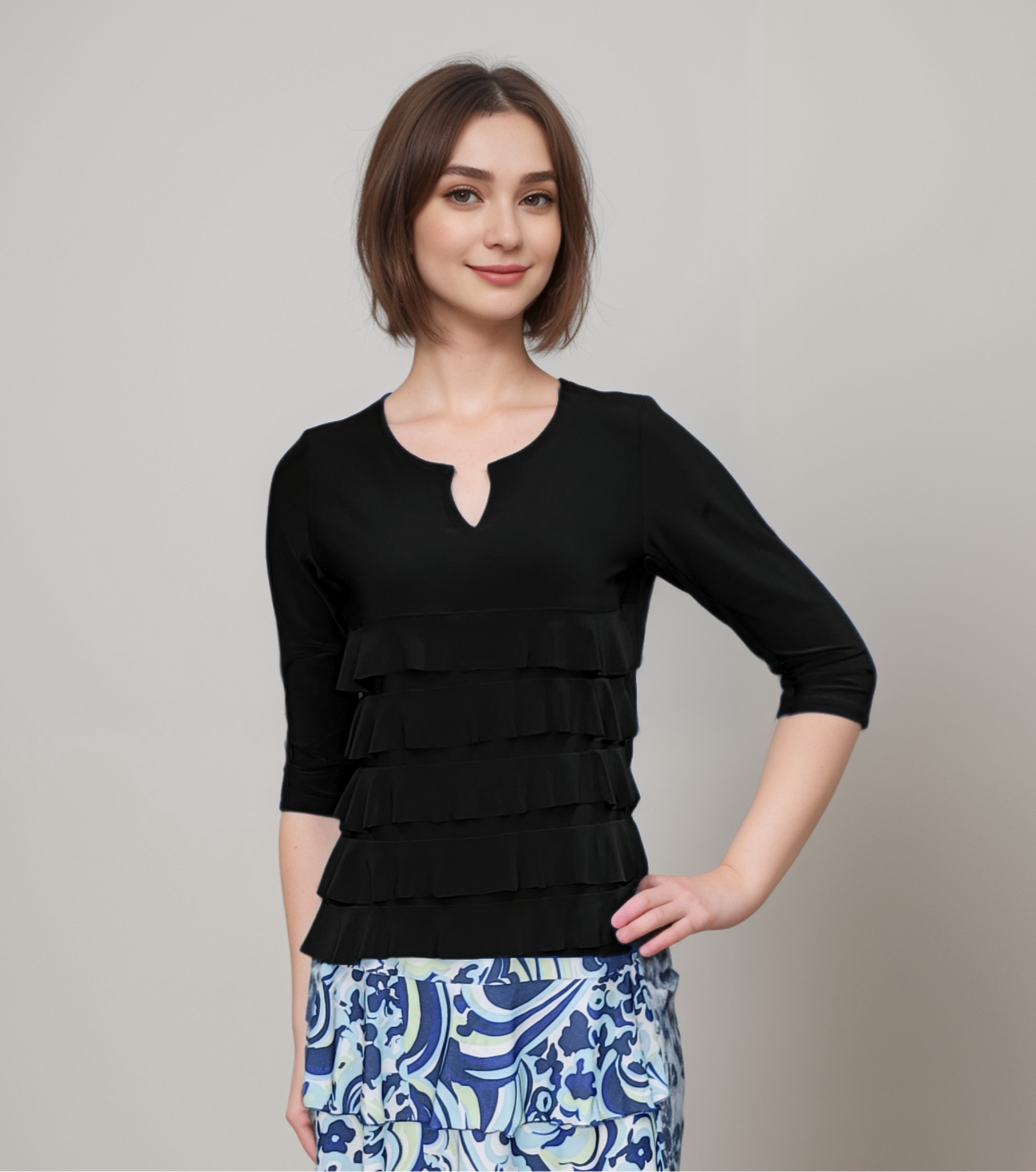 Cut-out V neck 3/4 sleeves Ruffle top T709
