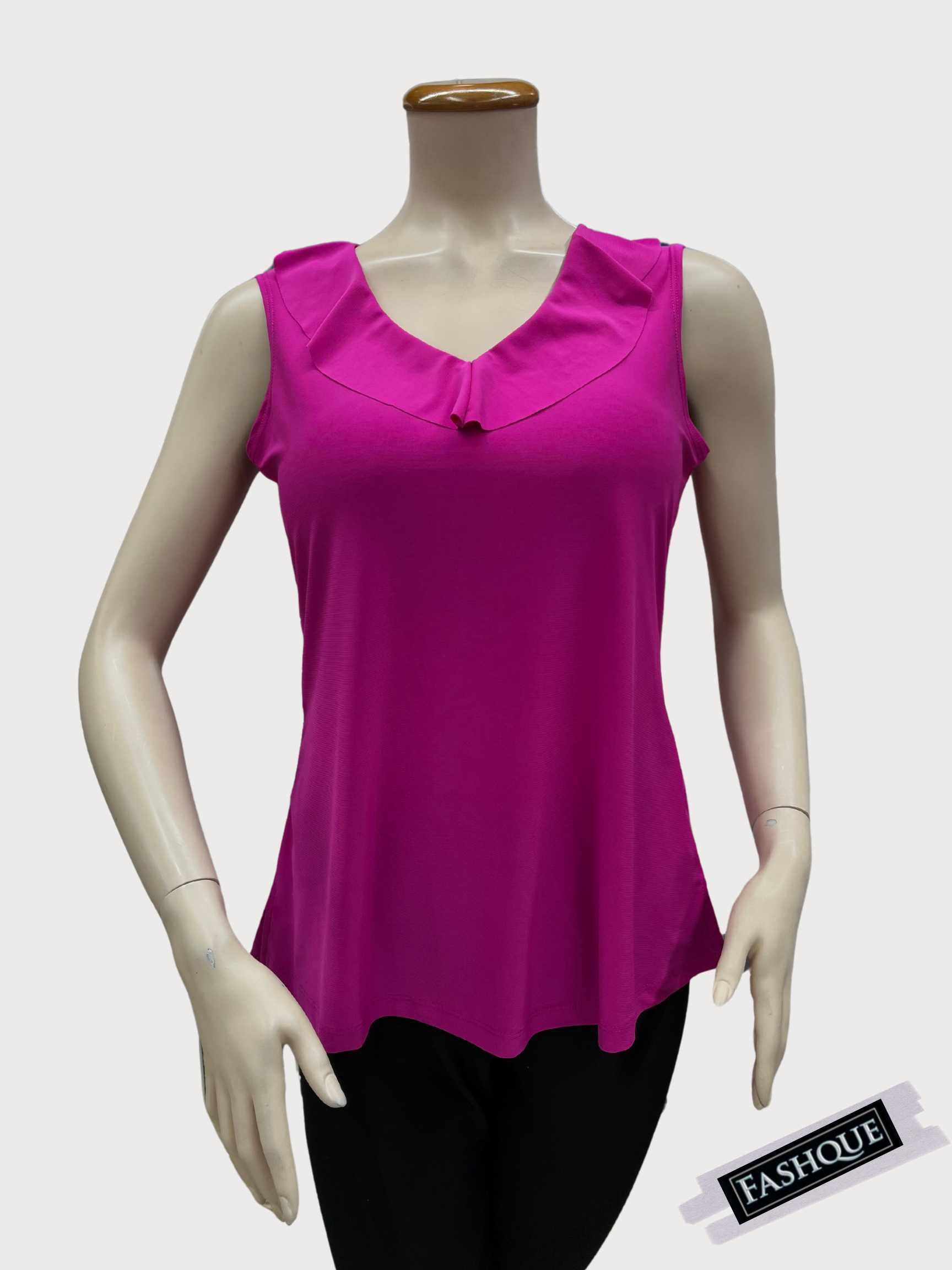 FASHQUE - Chic Sleeveless V-Neck Solid Color Top with Ruffle Neckline - T036