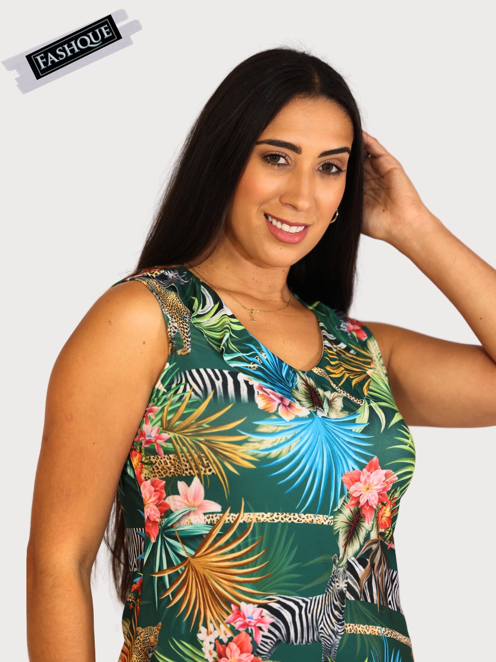 FASHQUE - Chic Sleeveless V-Neck Digital Top with Ruffle Neckline - T2036