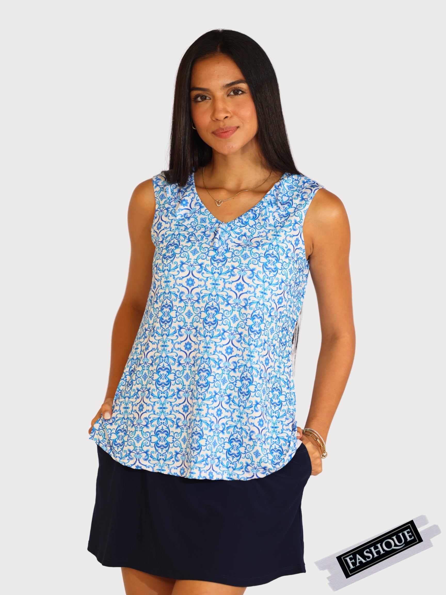 FASHQUE - Chic Sleeveless V-Neck Digital Top with Ruffle Neckline - T2036