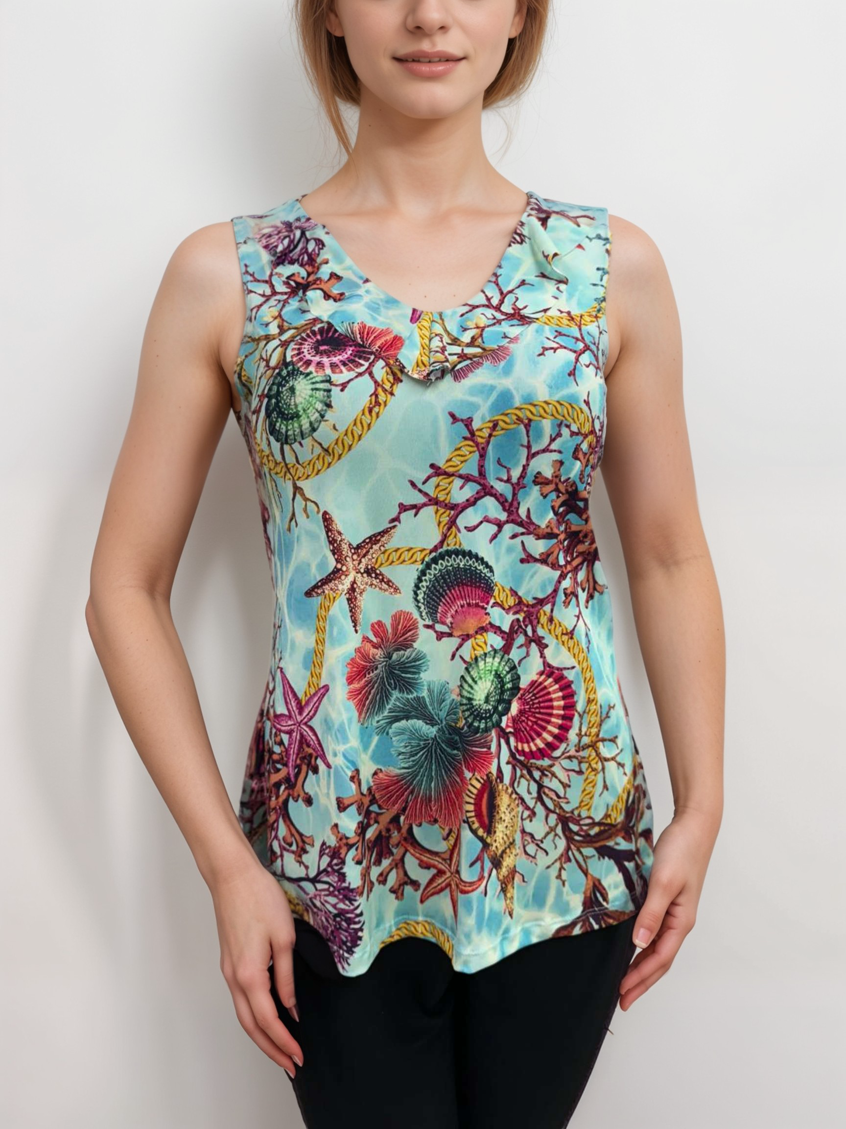 Chic Sleeveless V-Neck Digital Top with Ruffle Neckline - T2036