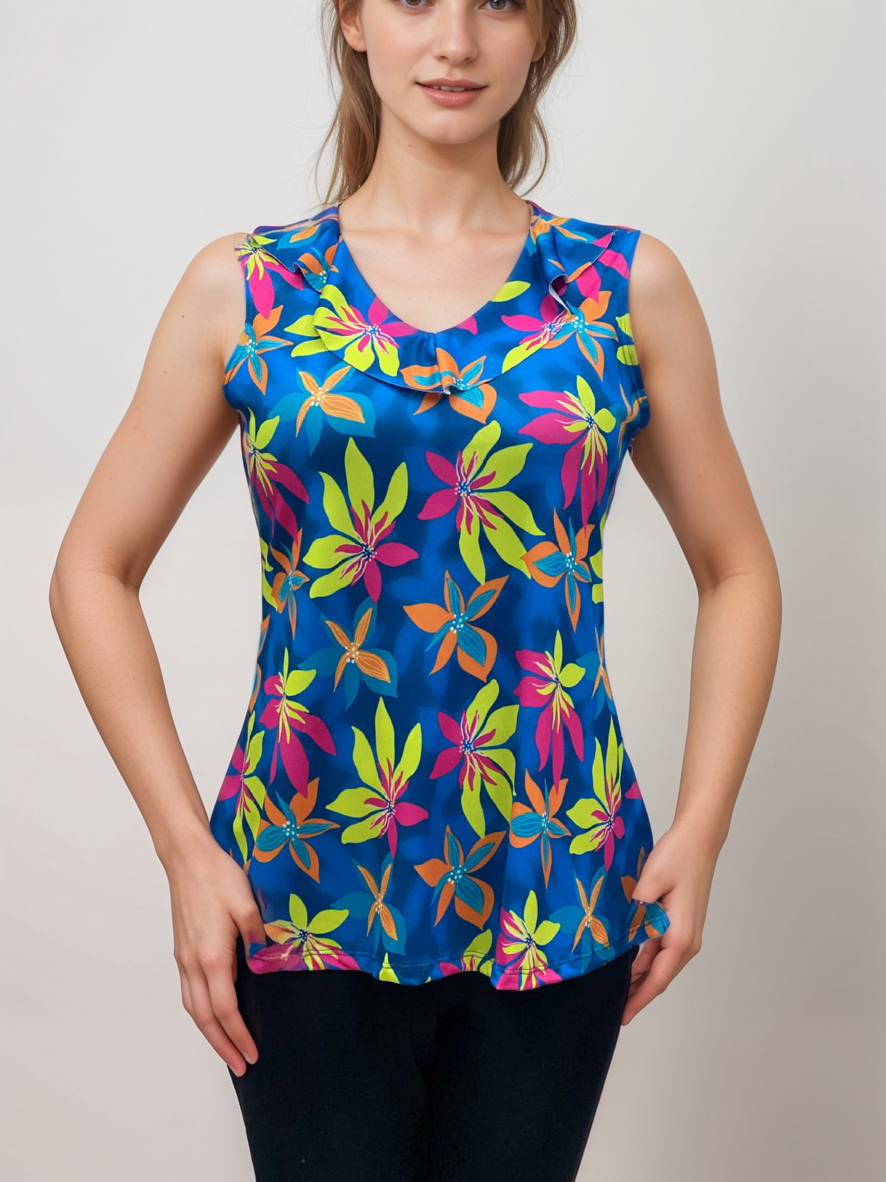 Chic Sleeveless V-Neck Digital Top with Ruffle Neckline - T2036
