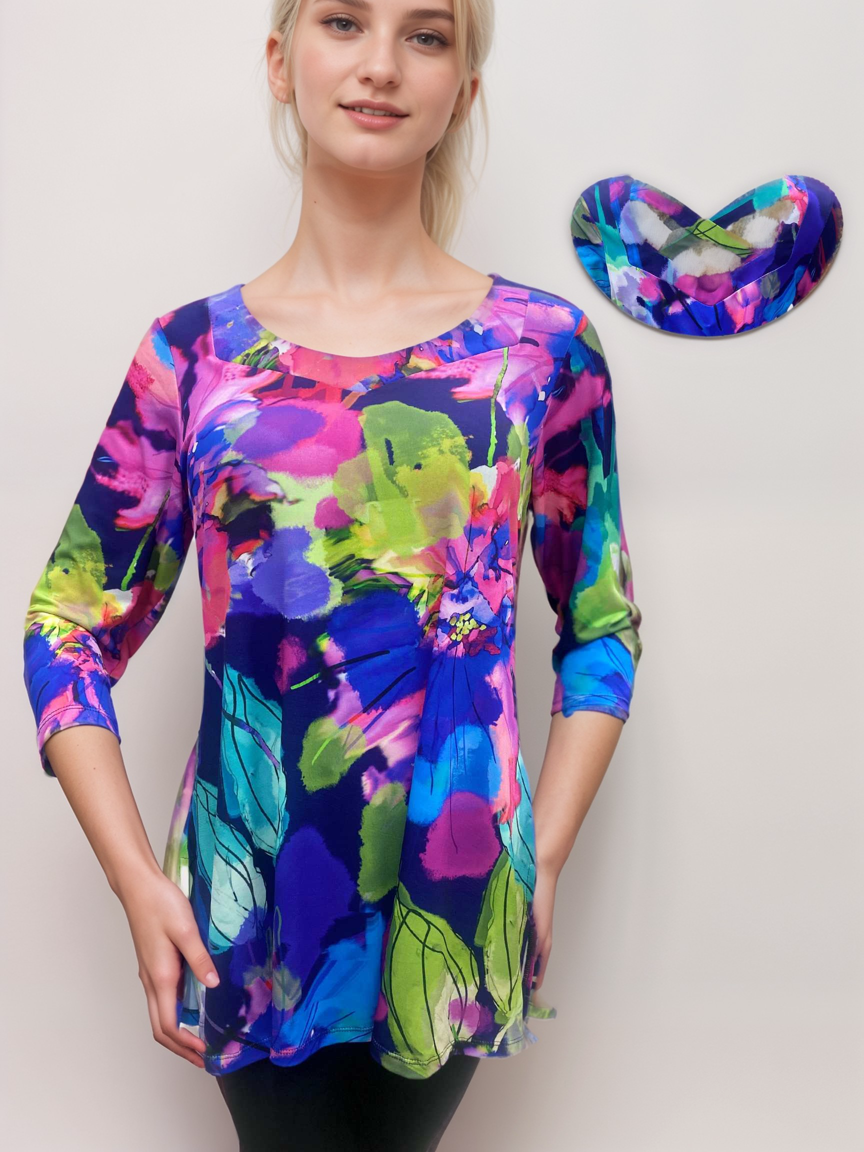 Elegant Boyfriend Neckline Criss Cross Back 3/4 Sleeves Tunic Top - T2063