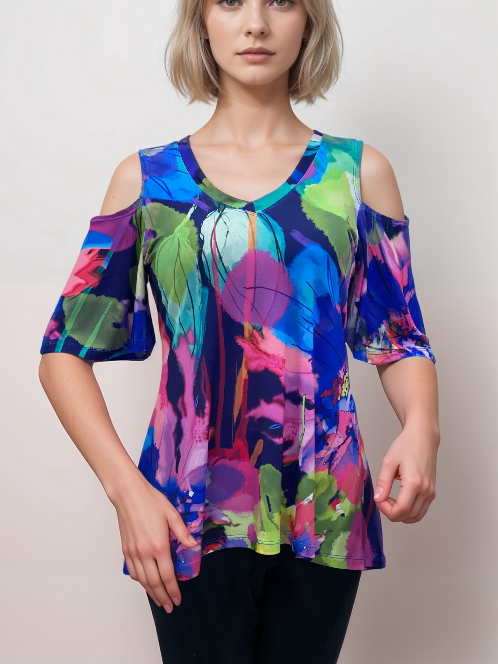 V NECK OFF SHOULDER SHORT SLEEVES DRESSY CASUAL TOP  - T2071
