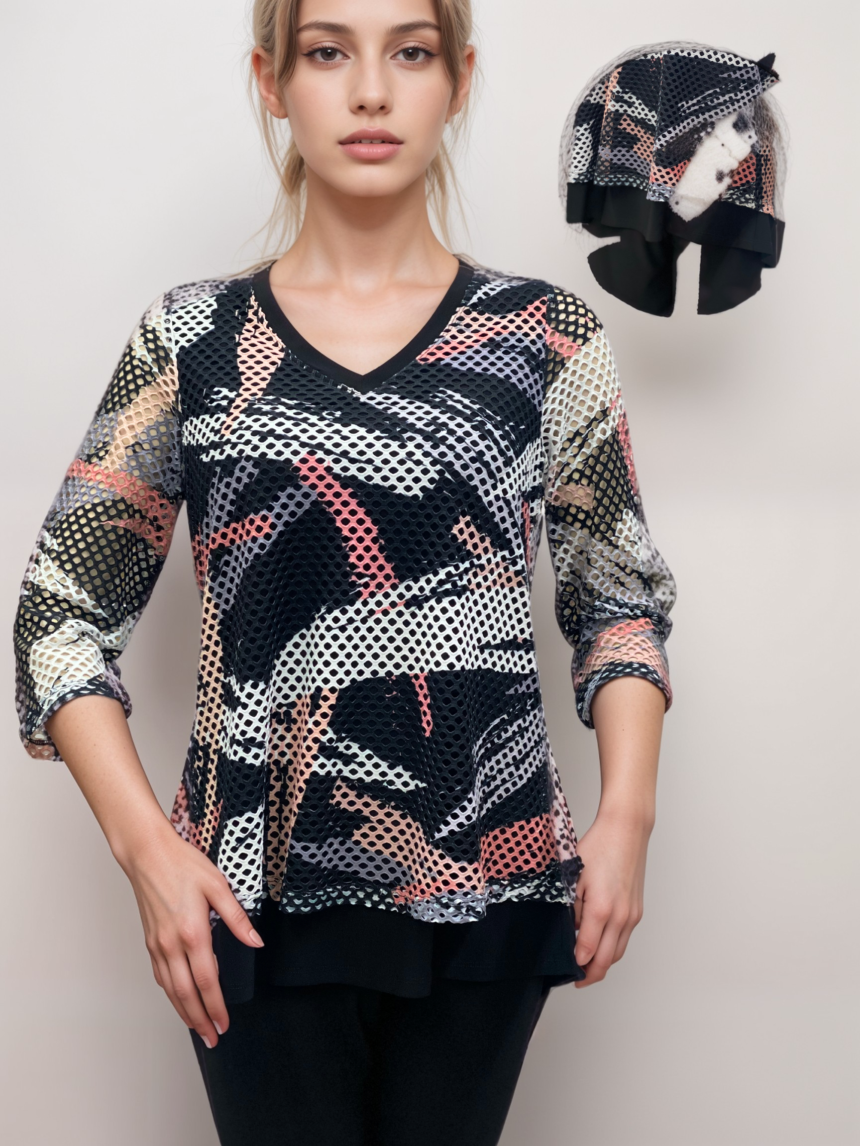 V NECK MULTI MEDIA WITH MESH LAYERED 3/4 SLEEVS TOP  - T2103