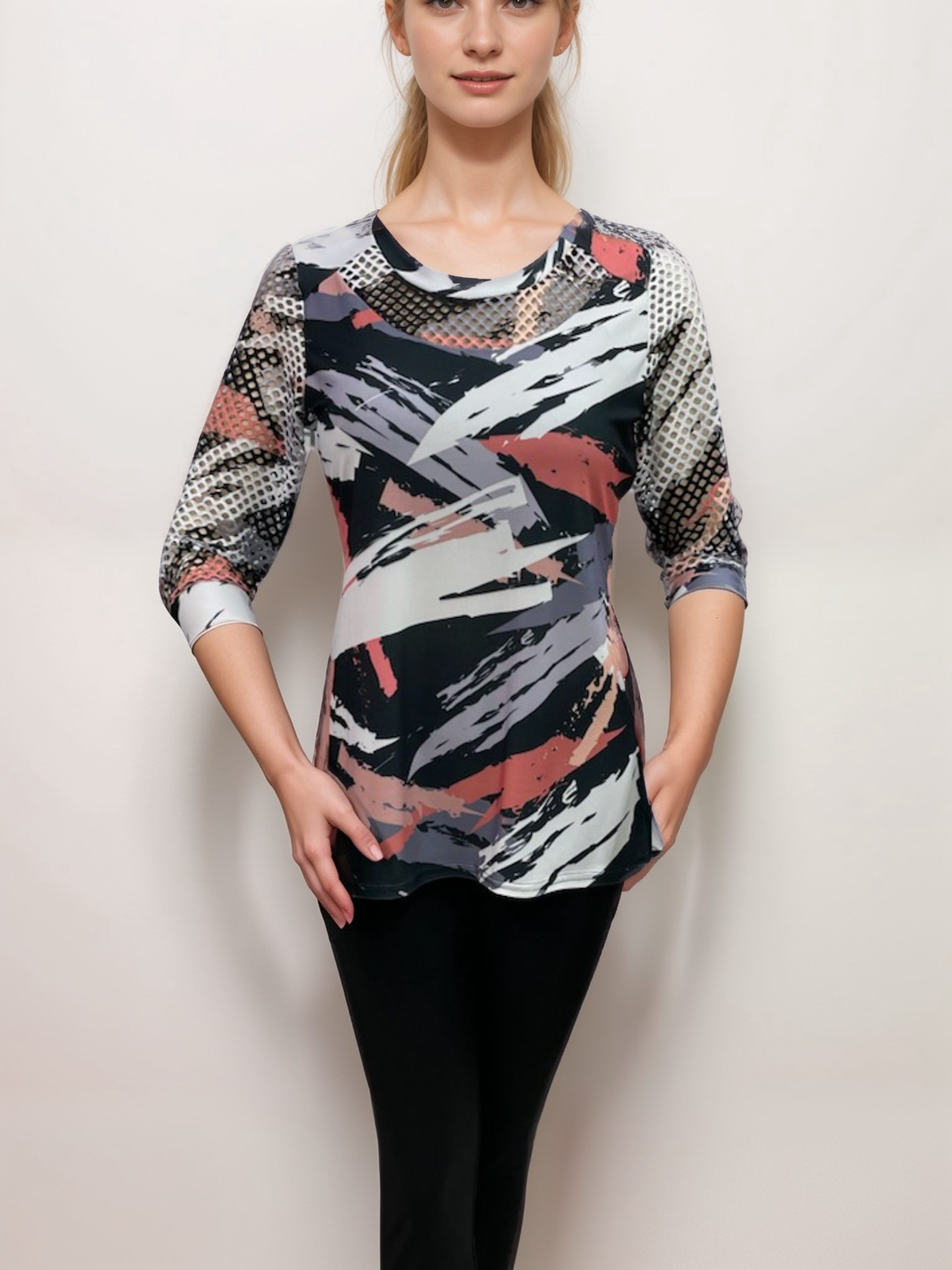 Top with Fish Net Insert Neckline & Sleeves - T2304