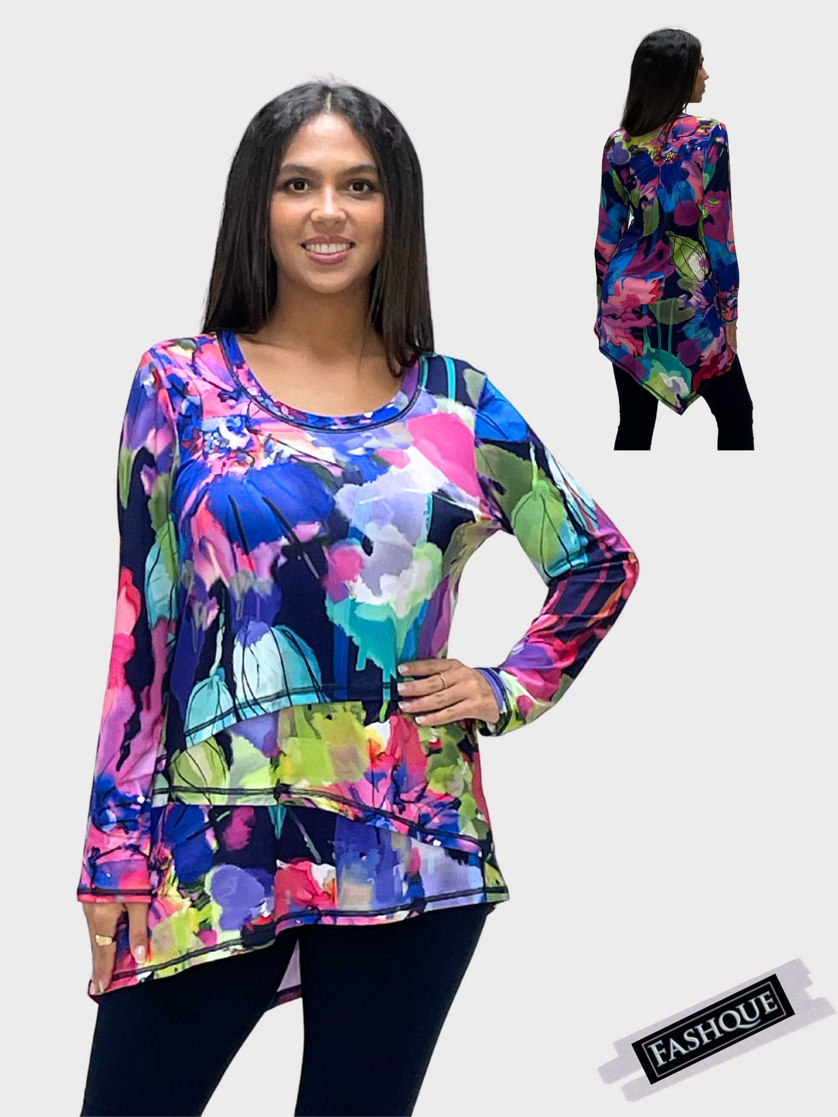 FASHQUE - Layered Scoop Neck Sharkbite Tunic Top - T2446