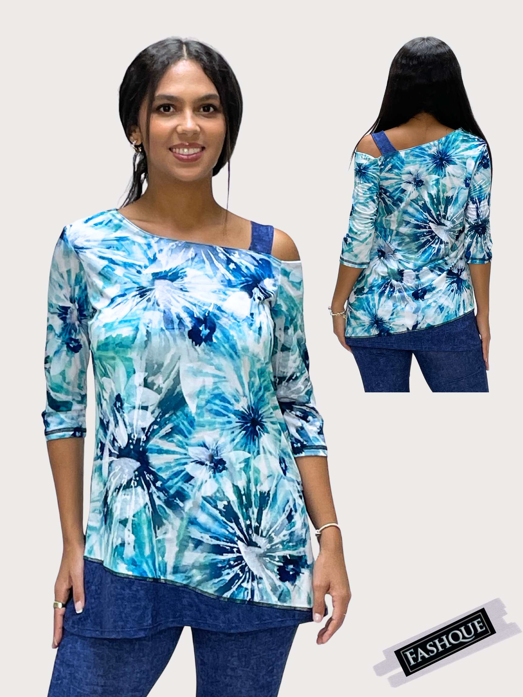 FASHQUE - One Side Off Shoulder layered Tunic Top - T2513