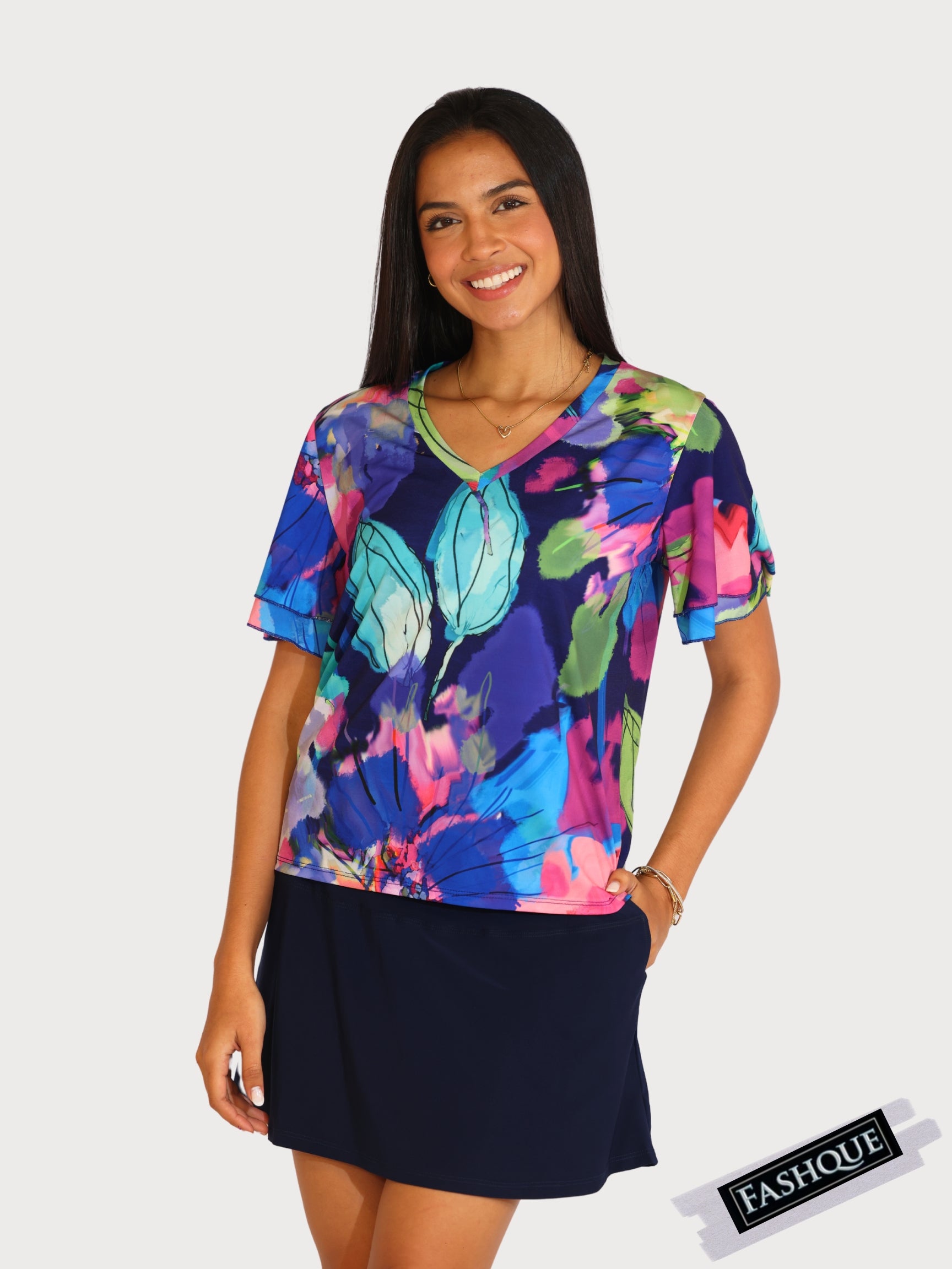 FASHQUE - Double Ruffle Bell Sleeves Scoop Neck DIGITAL PRINT Top - T2560