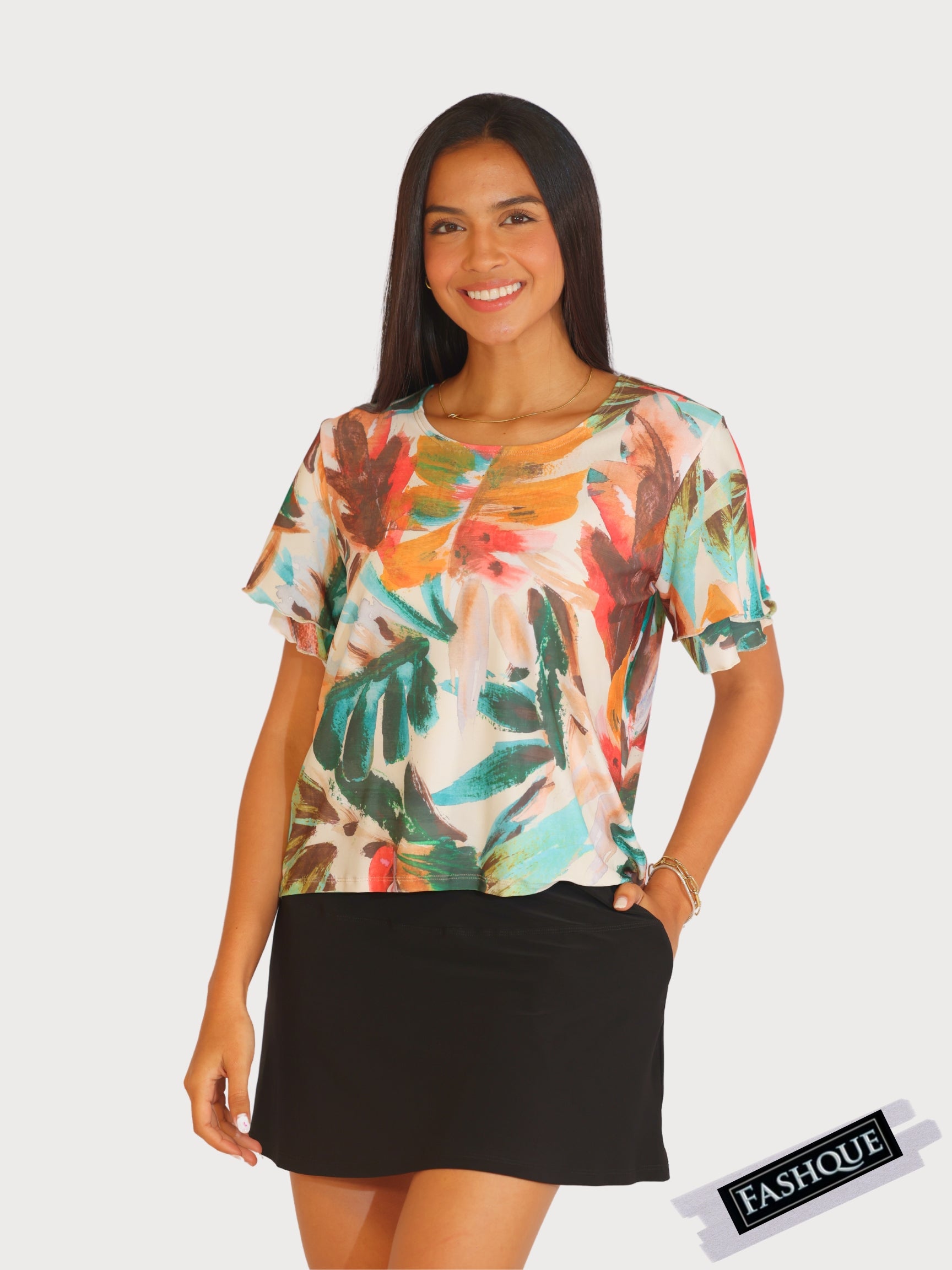 FASHQUE - Double Ruffle Bell Sleeves Scoop Neck DIGITAL PRINT Top - T2560