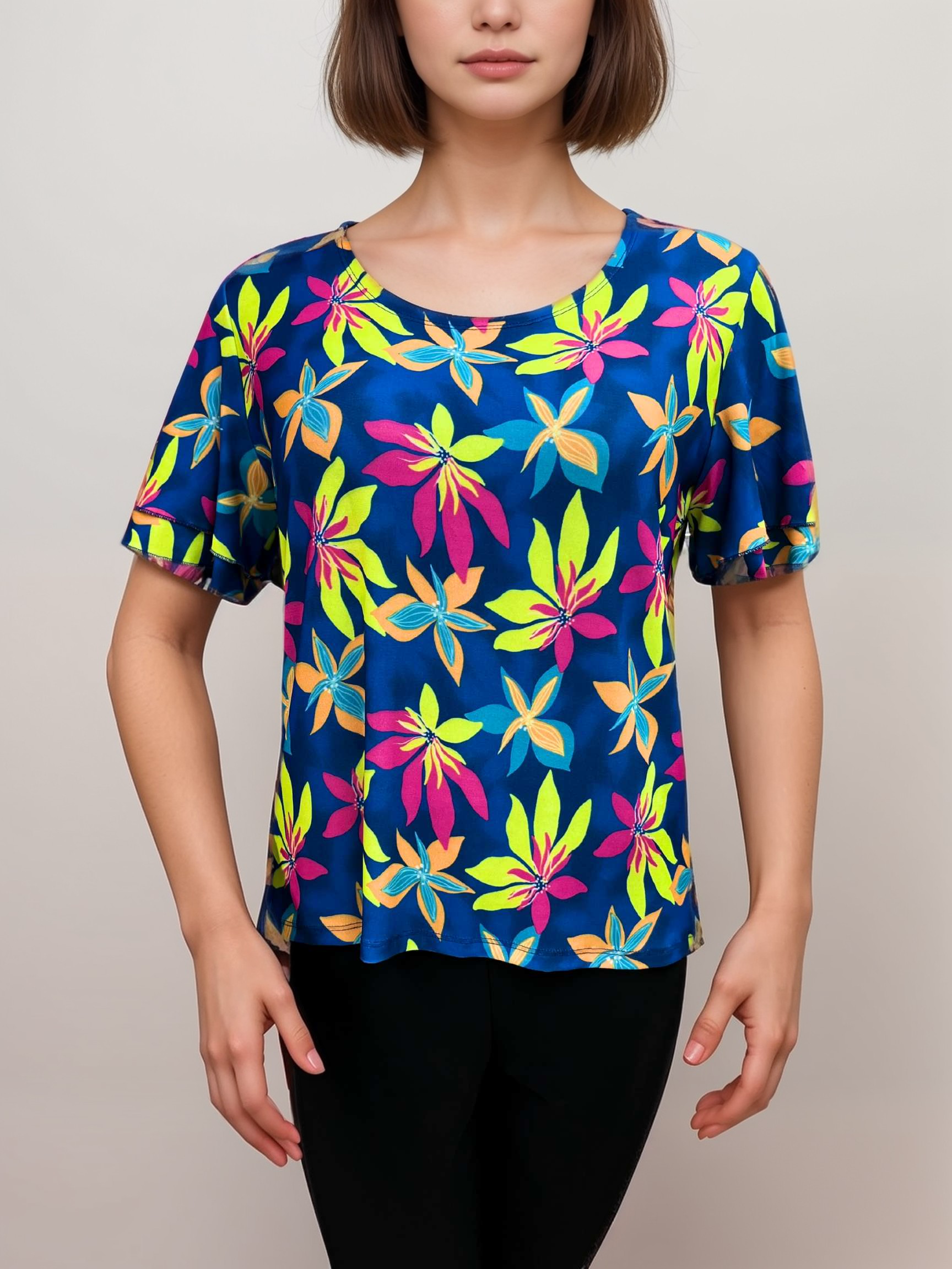 Double Ruffle Bell Sleeves Scoop Neck DIGITAL PRINT Top - T2560