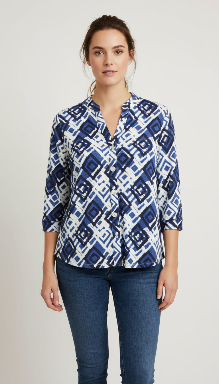 Geometric V-Neck Blouse with ¾ Sleeves - T2645