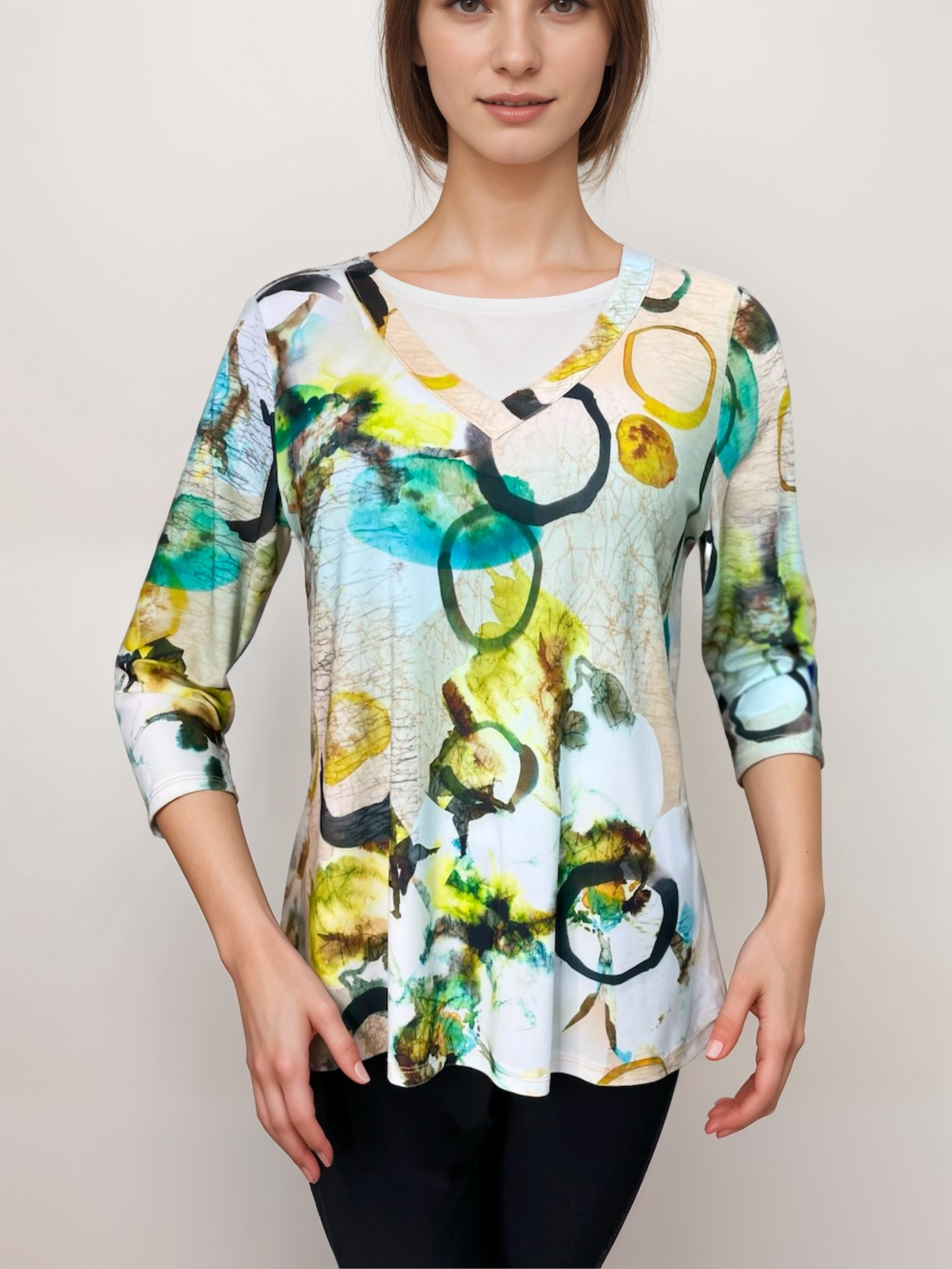 Elegant 3/4-Sleeve Shirt- V Neck - T2703