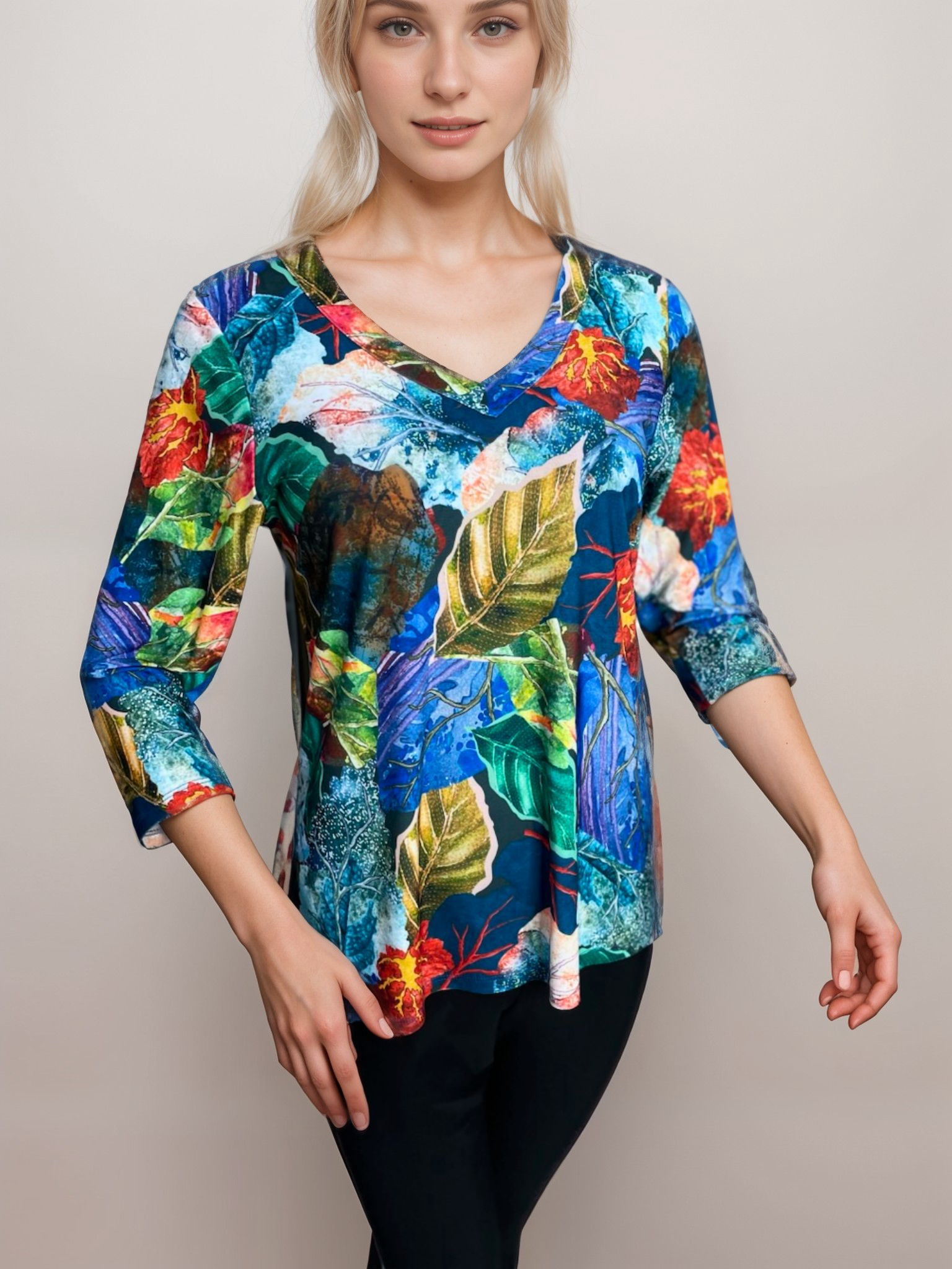 Elegant 3/4-Sleeve Shirt- V Neck - T2703