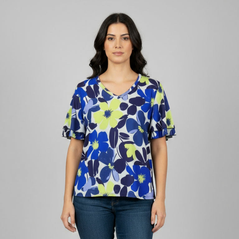 Double Ruffle Bell Sleeves V Neck DIGITAL PRINT Top - T2704