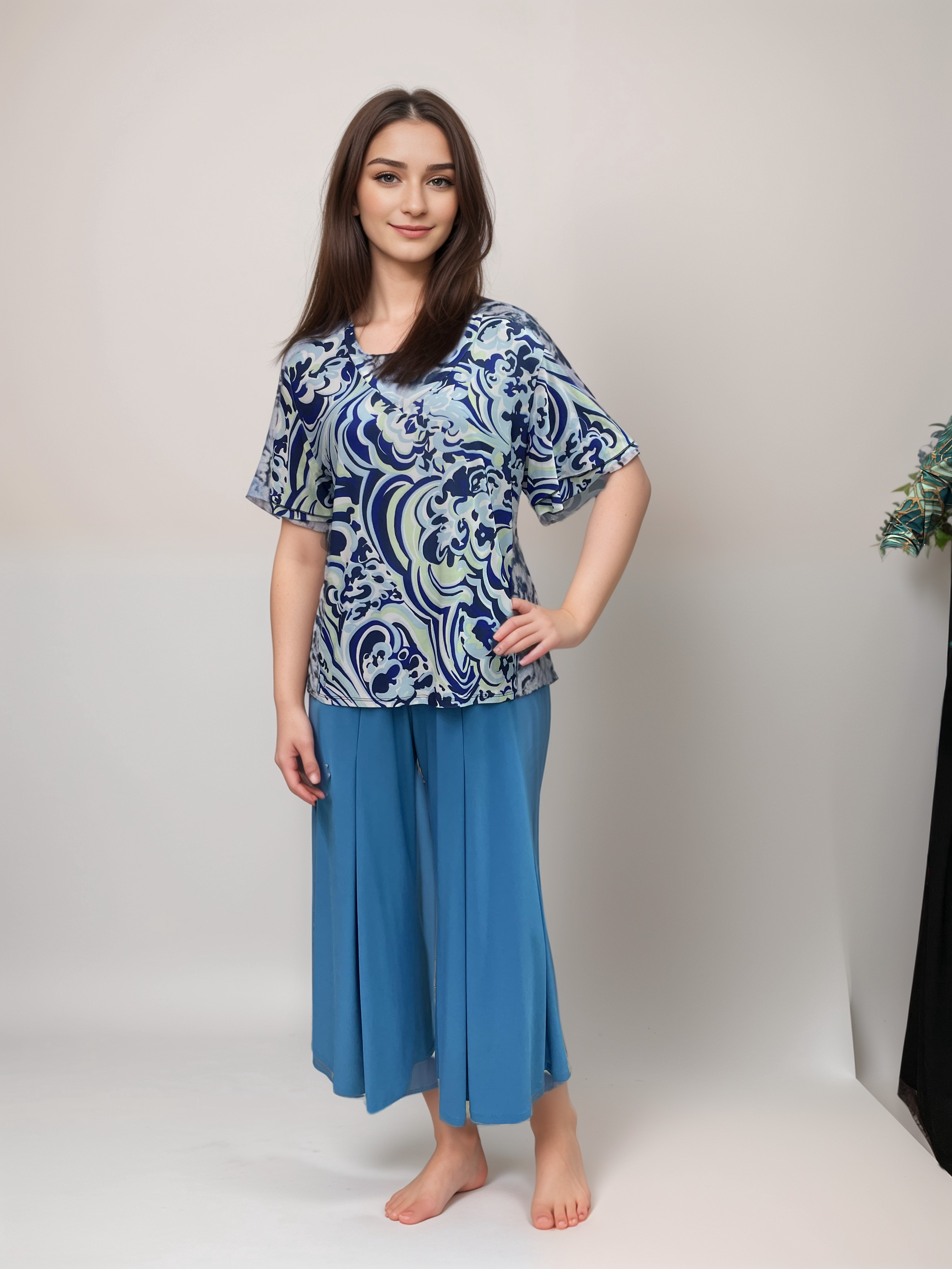 Double Ruffle Bell Sleeves V Neck DIGITAL PRINT Top - T2704