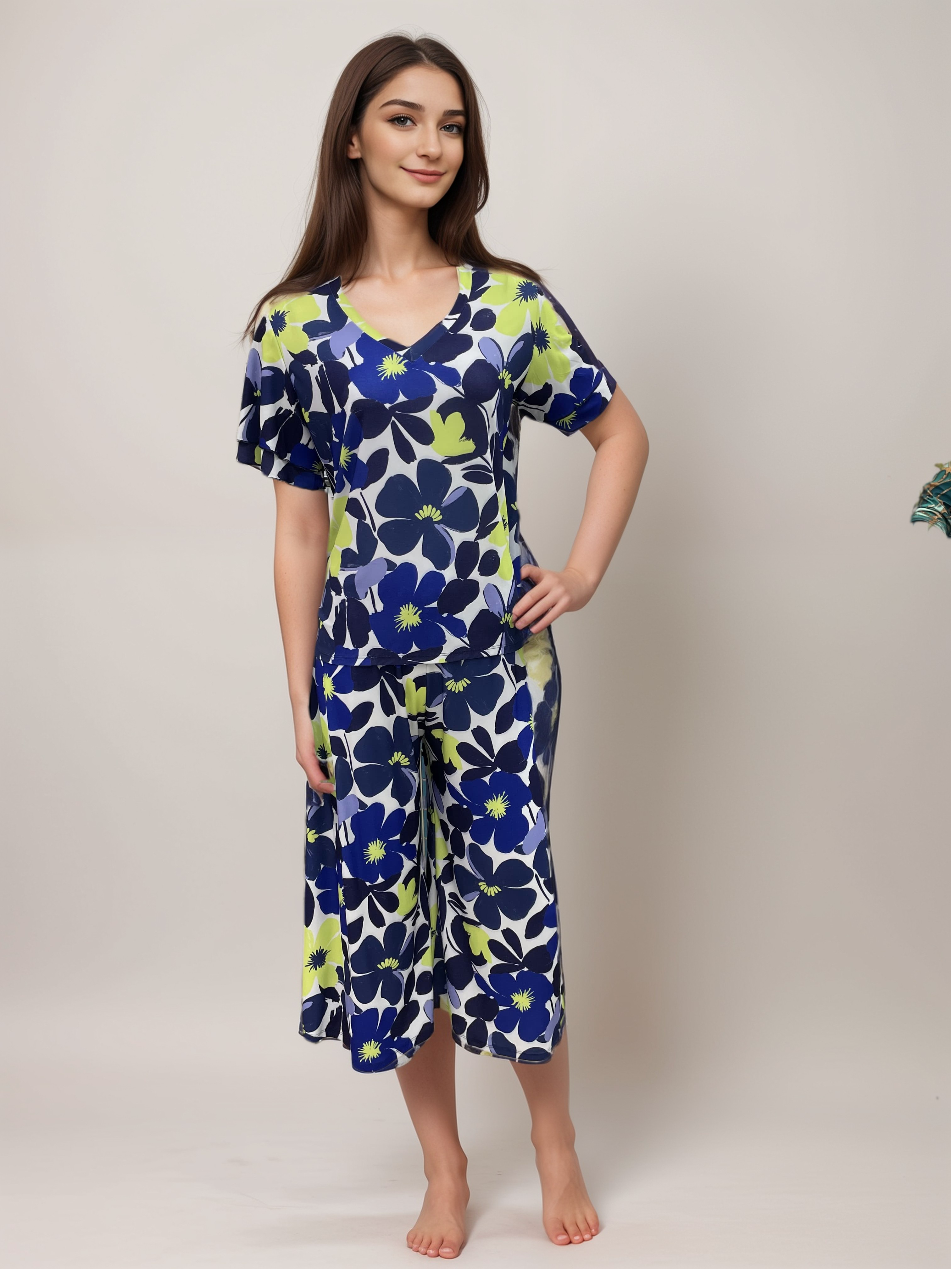 Double Ruffle Bell Sleeves V Neck DIGITAL PRINT Top - T2704